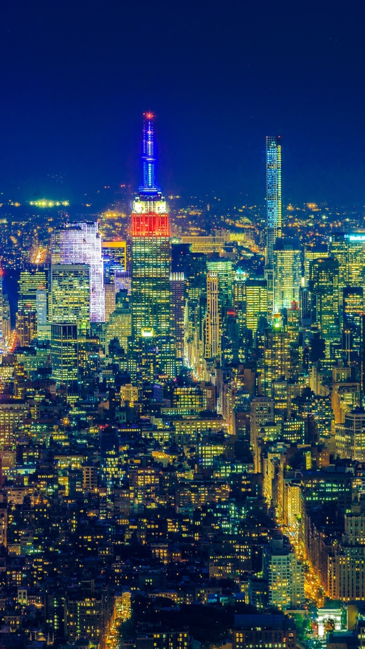 Download mobile wallpaper Cities, Night, Usa, City, Skyscraper, Building, Light, Cityscape, New York, Aerial, Man Made for free.