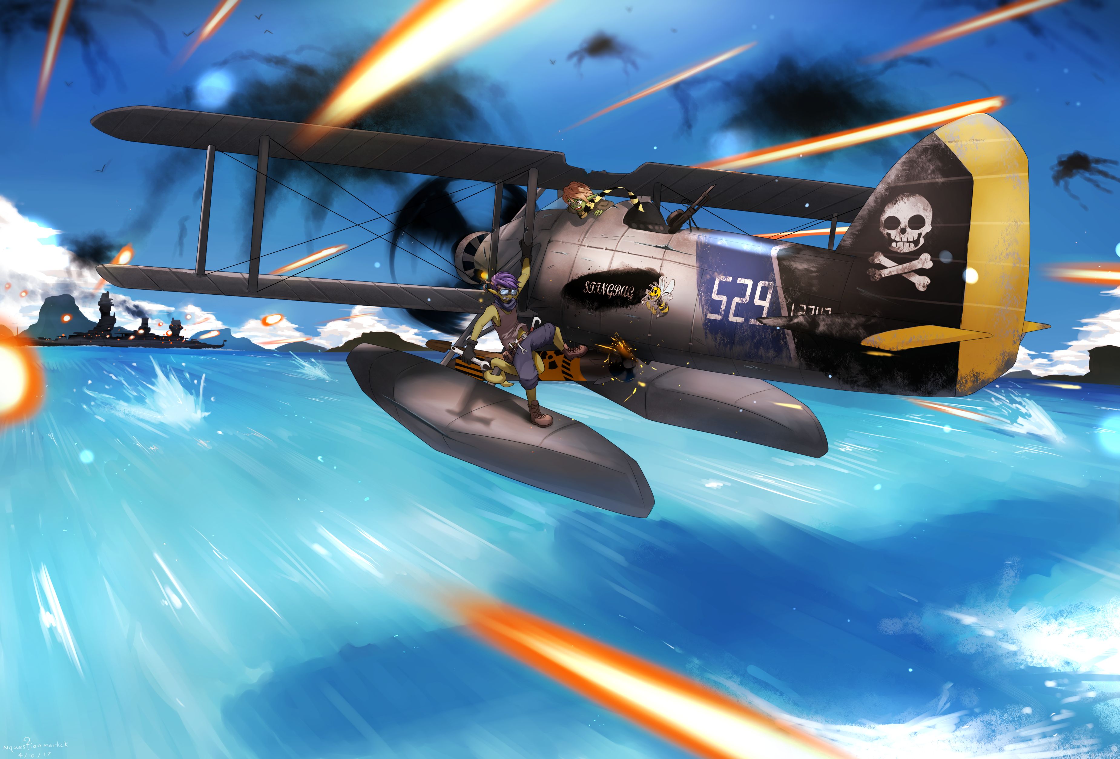 Free download wallpaper Anime, Ocean, Original, Warplane on your PC desktop