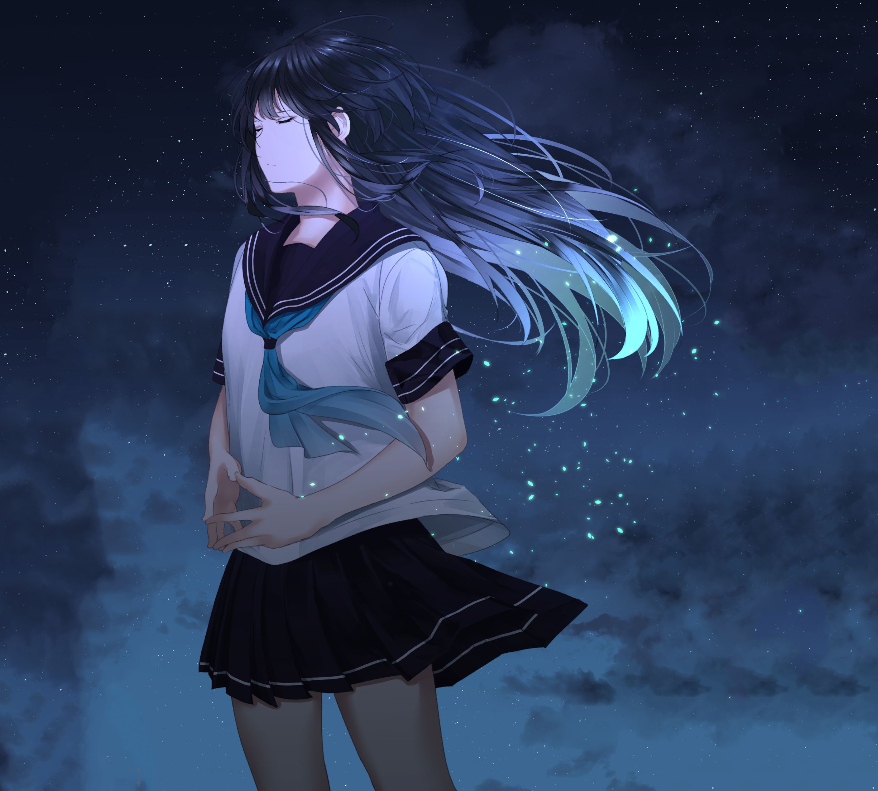 Free download wallpaper Anime, Night, Cloud, Original, School Uniform, Long Hair, Firefly on your PC desktop