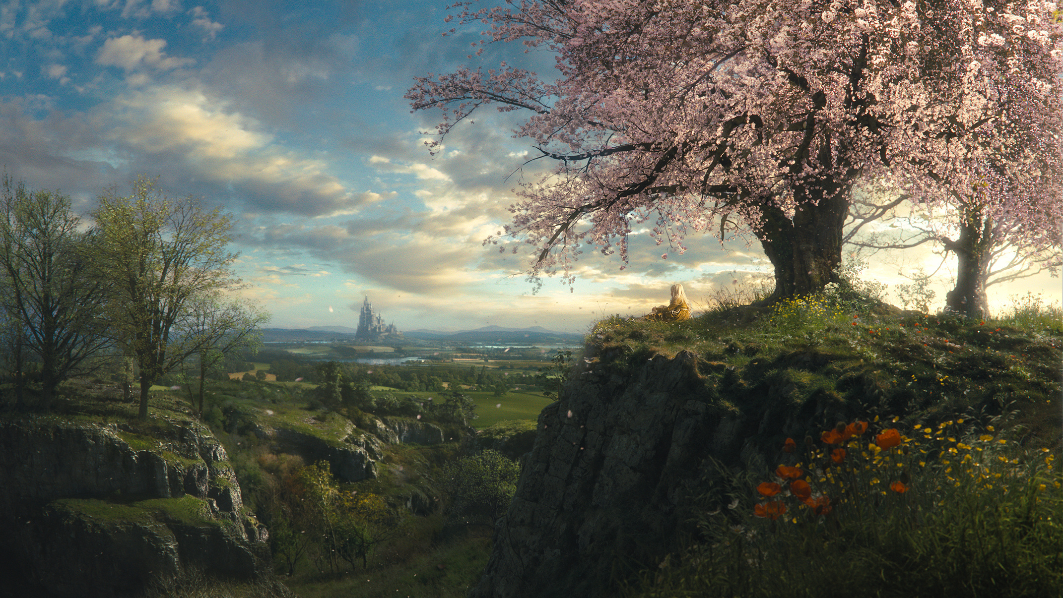 blossom, fantasy, landscape, mountain, tree