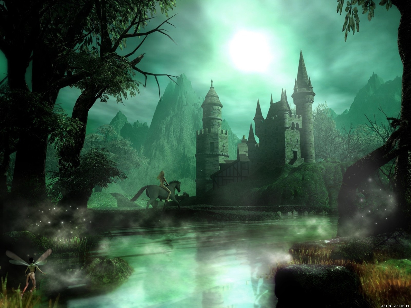 architecture, landscape, night, castles, green 4K for PC