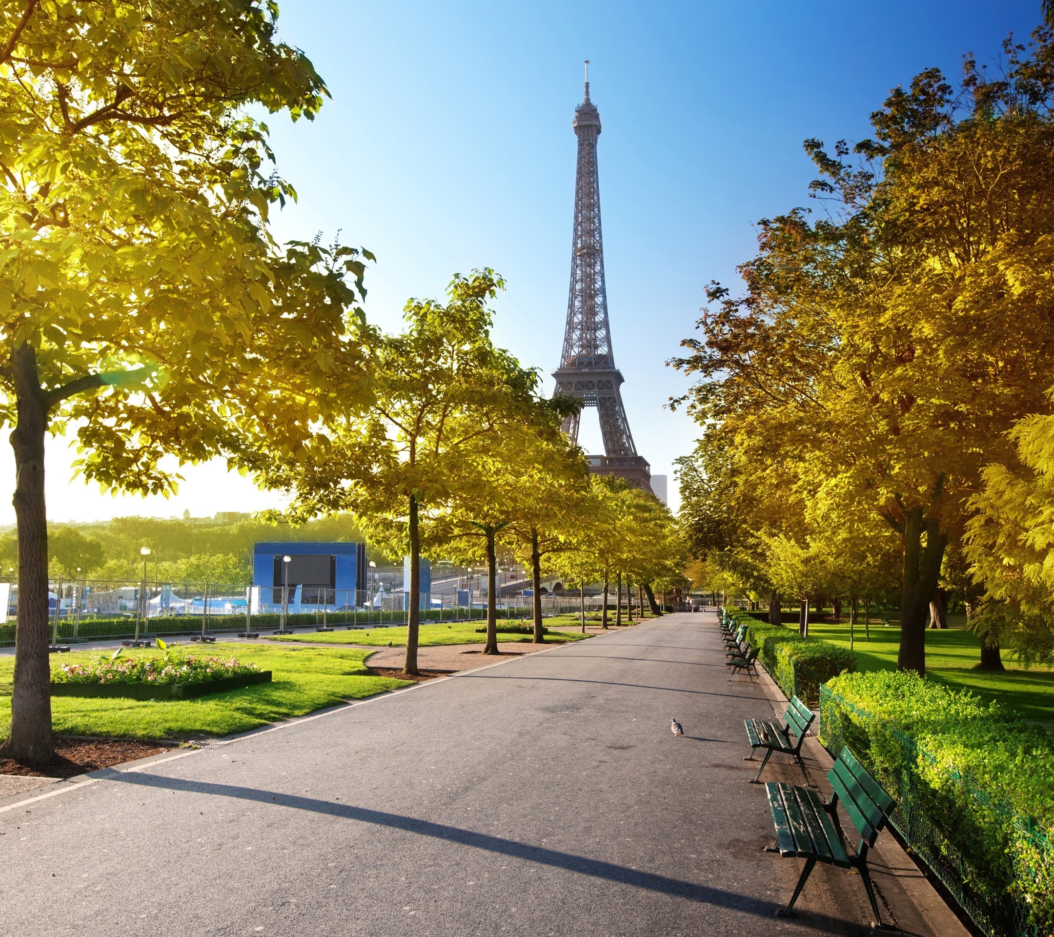 Handy-Wallpaper Herbst, Paris, Eiffelturm, Gasse, Sonnenlicht, Monumente, Menschengemacht kostenlos herunterladen.