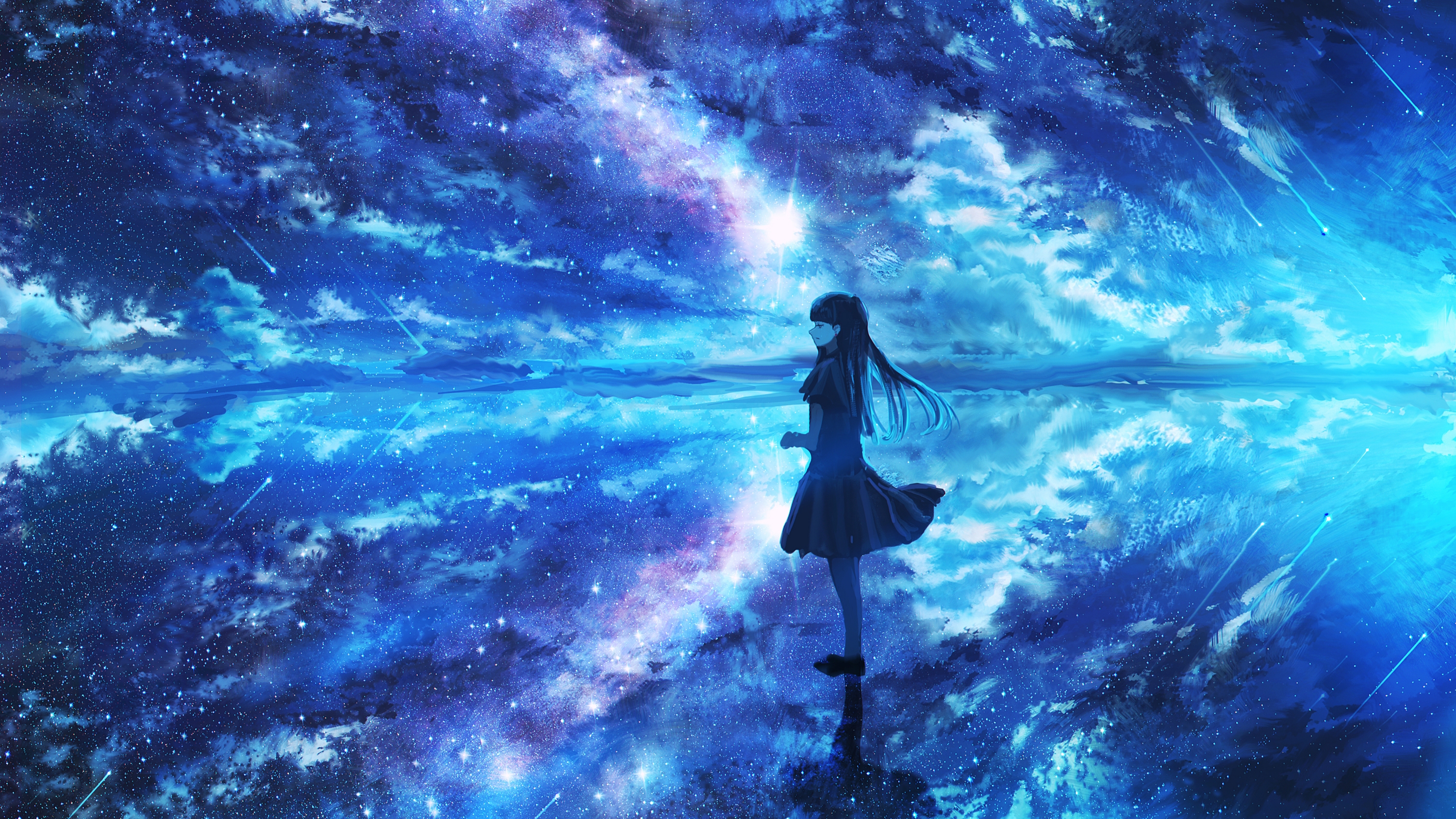 Laden Sie das Original, Sternschnuppe, Animes, Spiegelung, Sternenklarer Himmel-Bild kostenlos auf Ihren PC-Desktop herunter