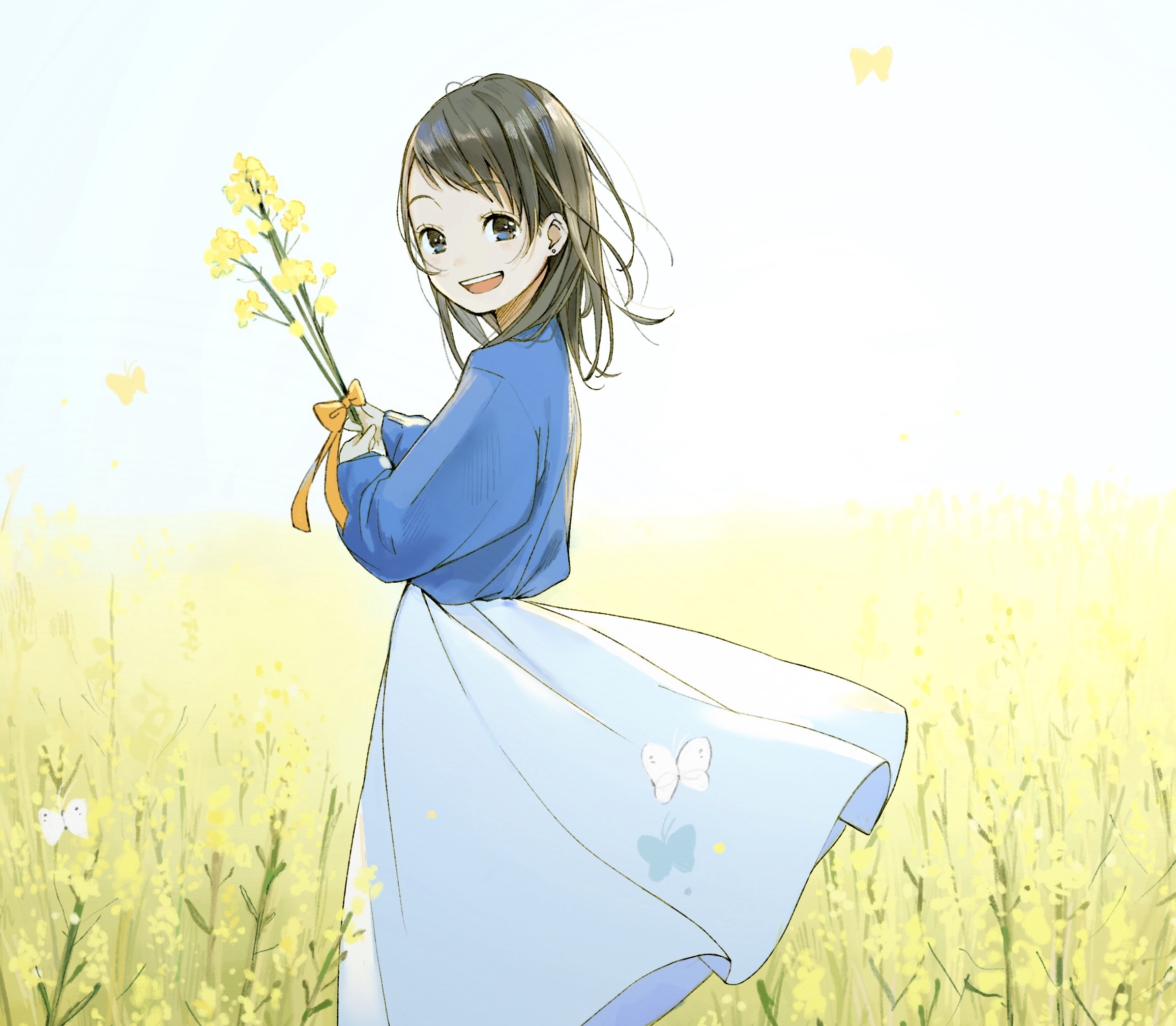 Free download wallpaper Anime, Flower, Butterfly, Smile, Blue Eyes, Original, Black Hair, Short Hair on your PC desktop