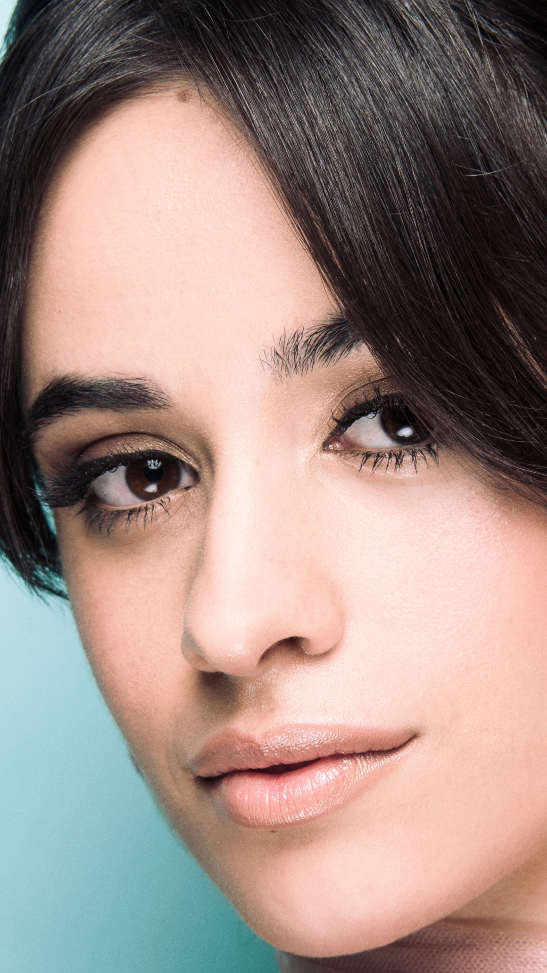 Download mobile wallpaper Music, Close Up, Singer, Face, Brunette, Brown Eyes, Latina, Camila Cabello for free.