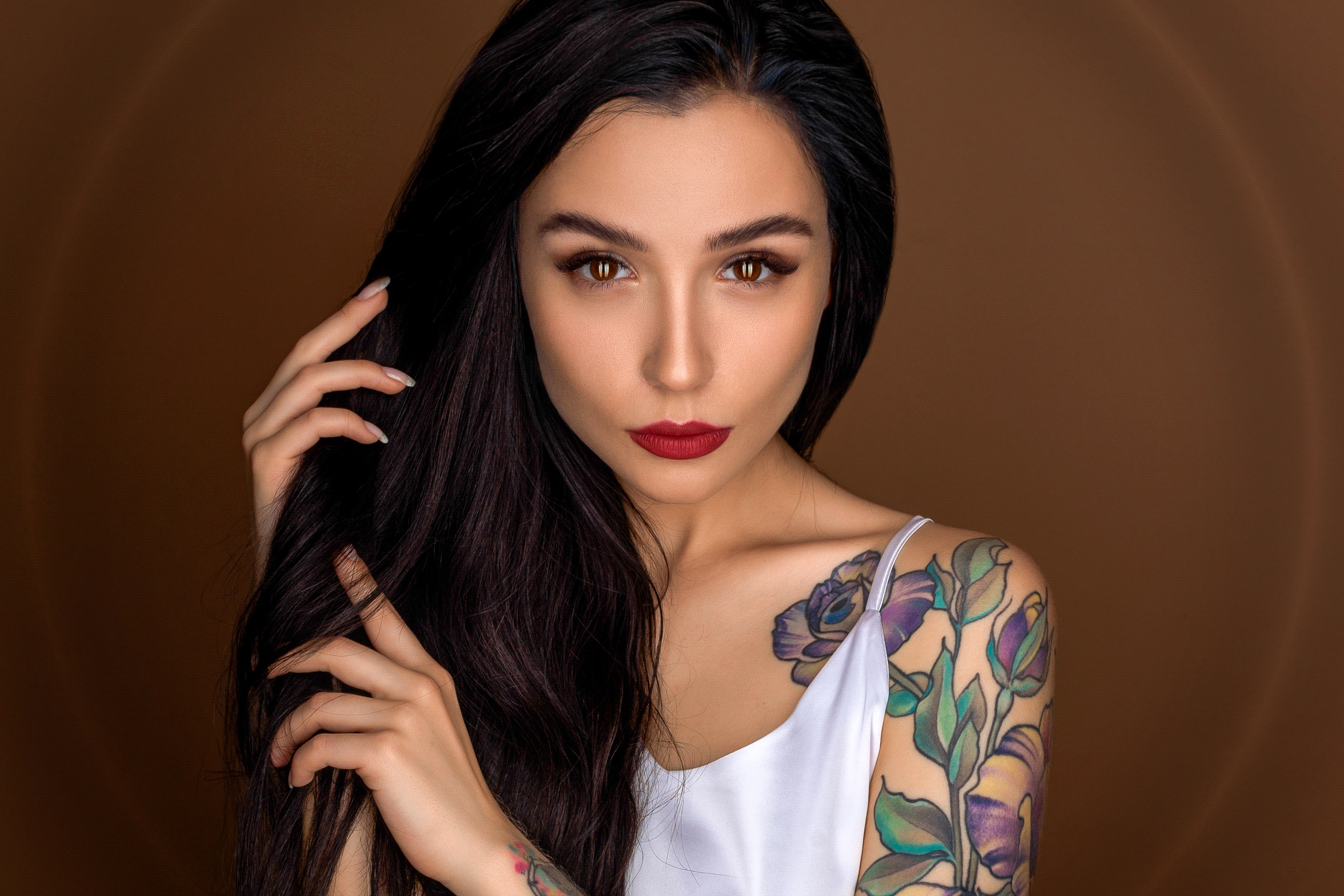 Download mobile wallpaper Tattoo, Model, Women, Brown Eyes, Black Hair, Lipstick for free.