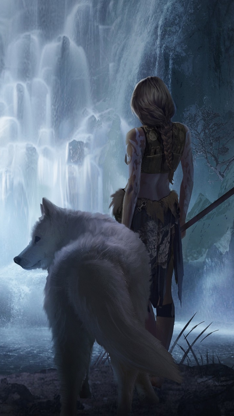 Download mobile wallpaper Anime, Fantasy, Waterfall, Wolf, Woman Warrior, Princess Mononoke for free.
