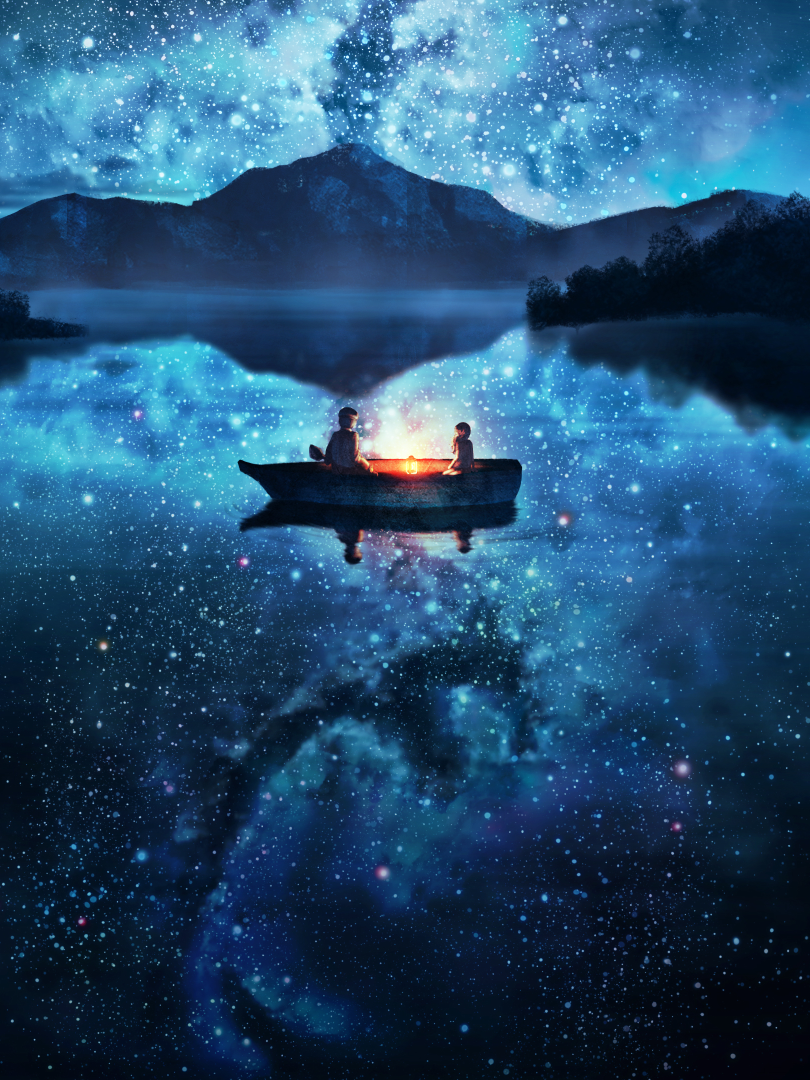 Download mobile wallpaper Anime, Night, Lake, Boat, Scenic for free.
