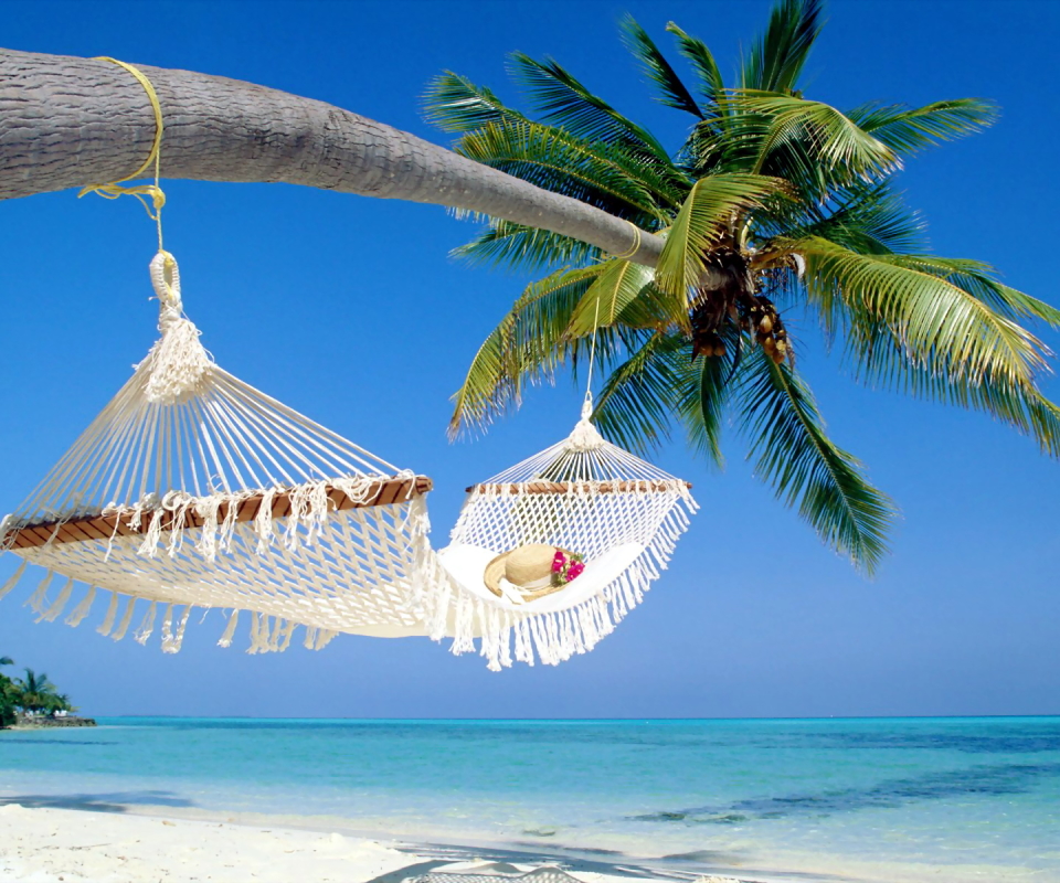 Download mobile wallpaper Beach, Tree, Ocean, Hat, Photography, Hammock, Palm Tree for free.