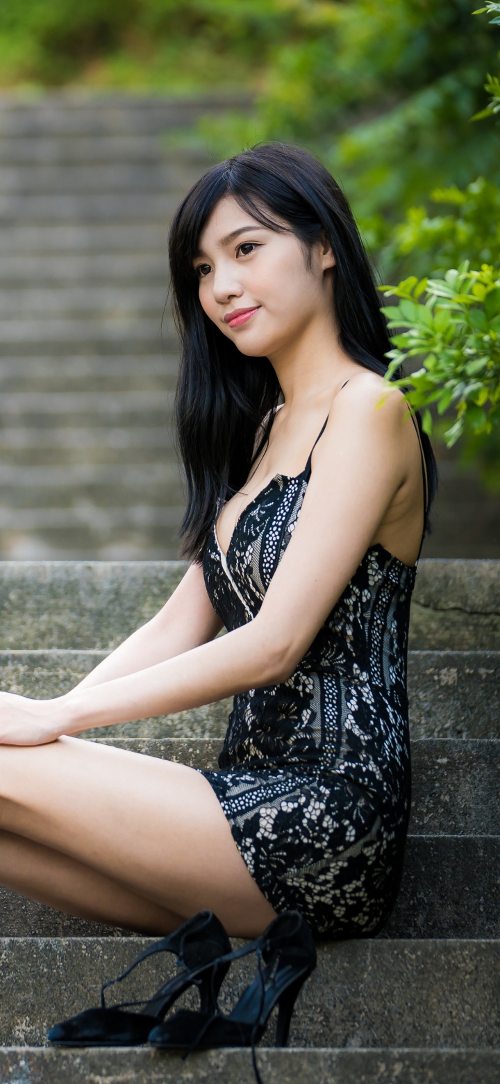 Download mobile wallpaper Dress, Model, Women, Asian, Black Hair, Long Hair for free.