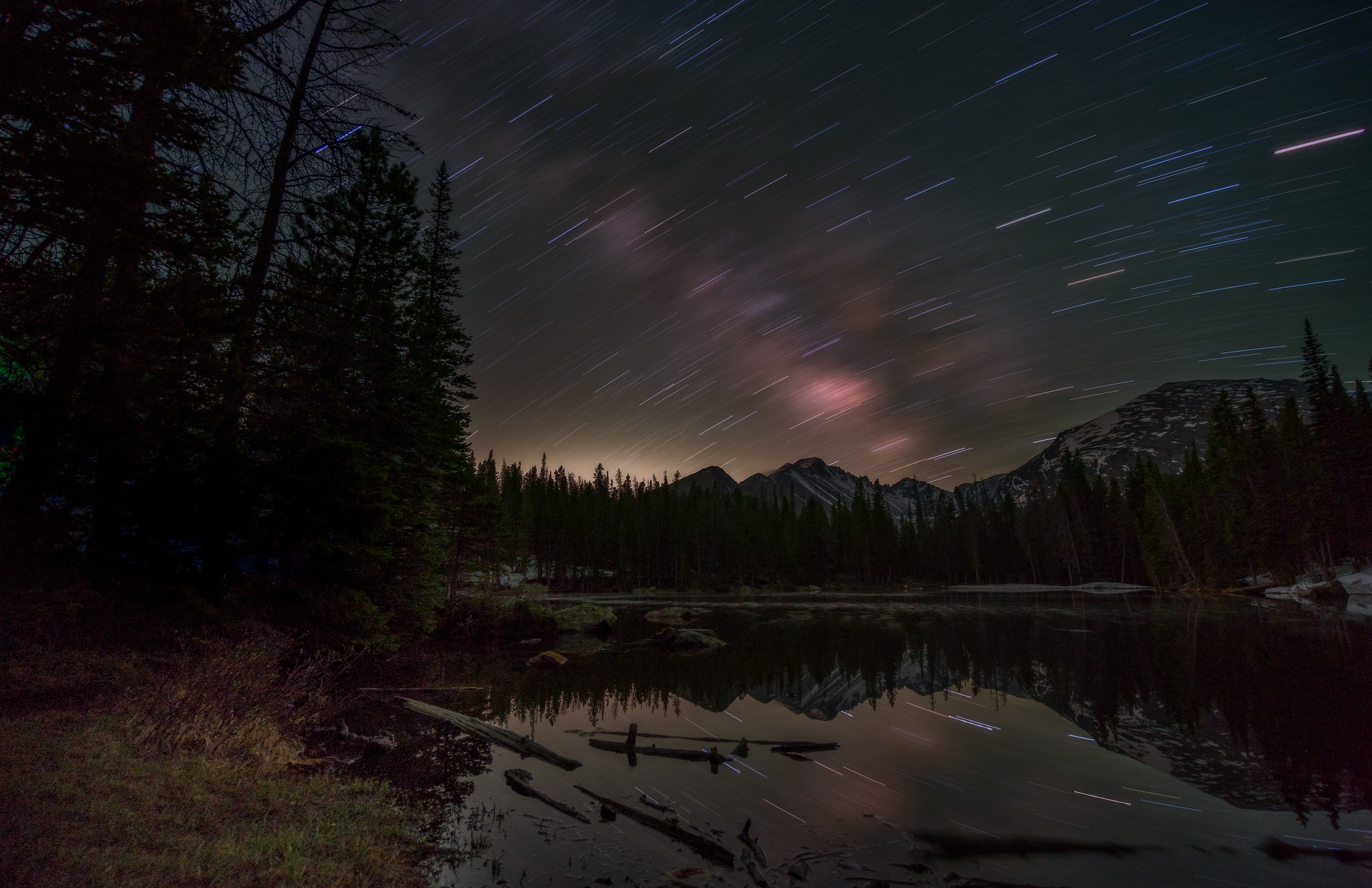 earth, night, canada, lake, mountain, nature, reflection, star trail