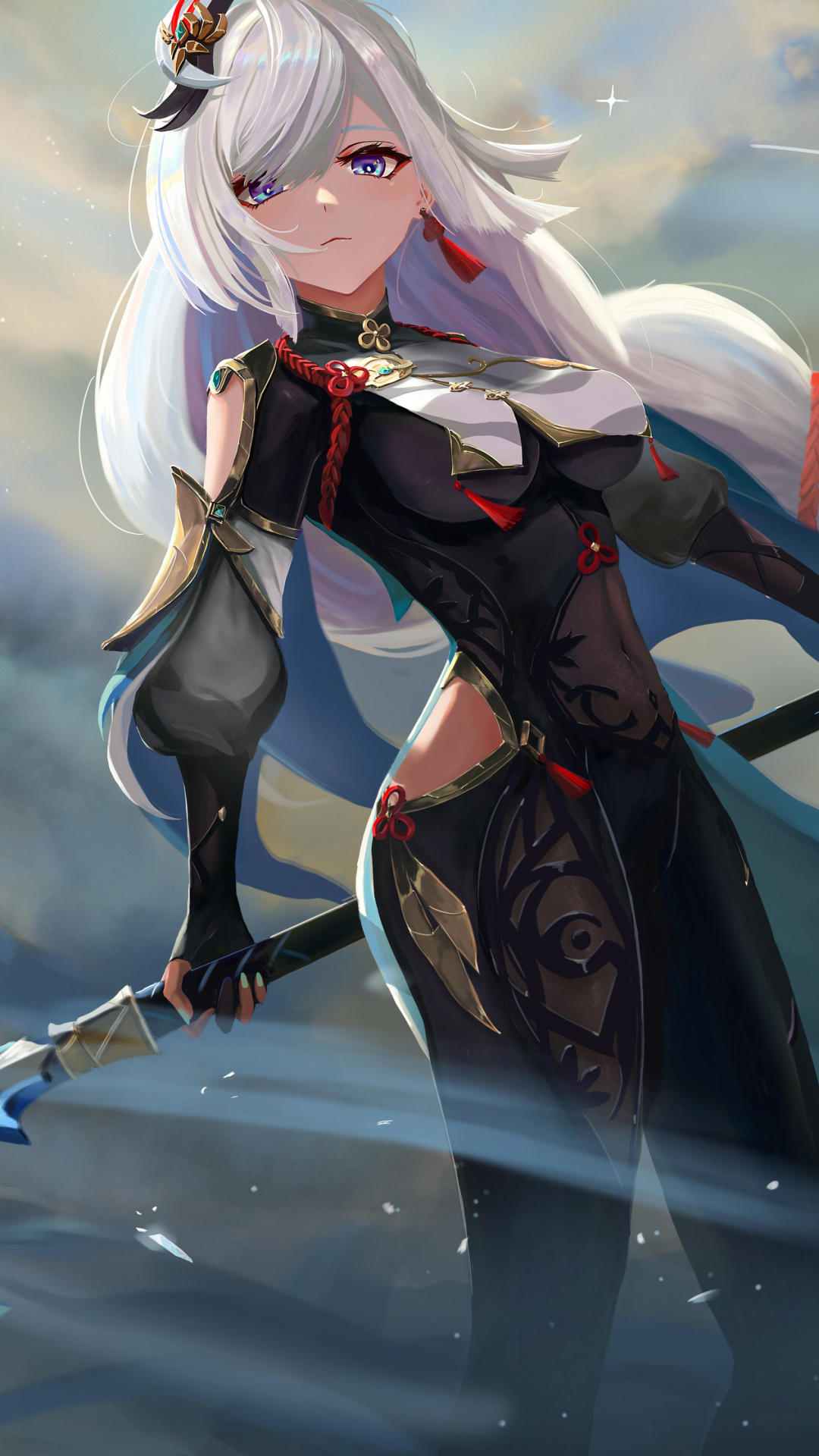 Download mobile wallpaper Blue Eyes, Video Game, Long Hair, White Hair, Genshin Impact, Shenhe (Genshin Impact) for free.