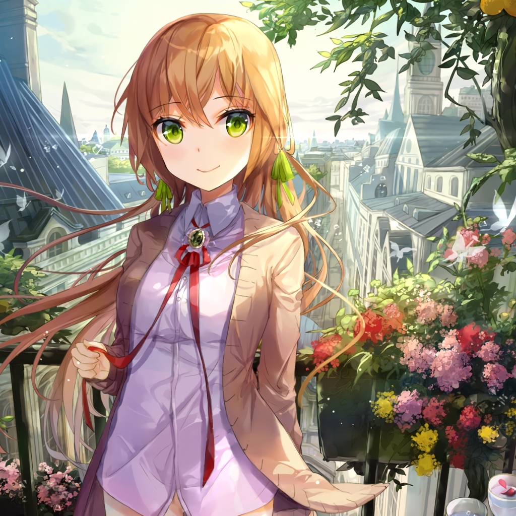 Free download wallpaper Anime, Building, Flower, Butterfly, Girl, Blonde, Green Eyes, Long Hair on your PC desktop