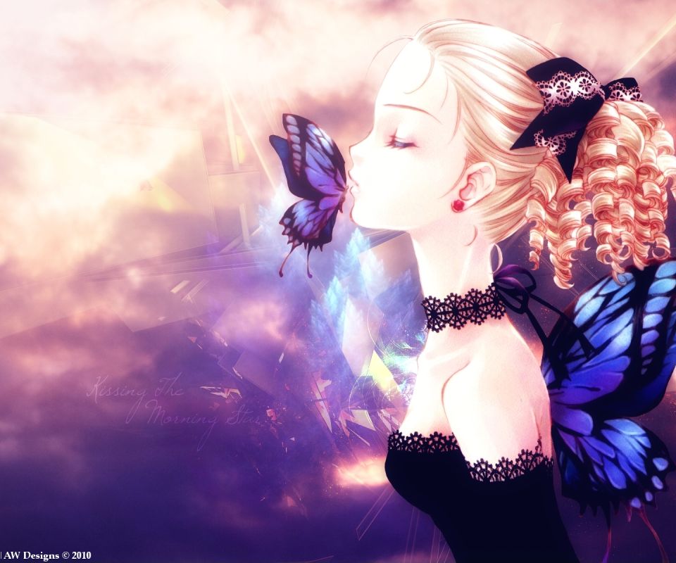 Free download wallpaper Anime, Butterfly, Wings, Blonde, Kiss, Fairy, Original on your PC desktop
