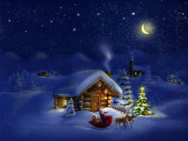 Laden Sie das Feiertage, Weihnachtsmann, Schnee, Weihnachten, Weihnachtsbaum, Hütte, Schlitten, Schneefall, Nacht, Kabine, Rentier-Bild kostenlos auf Ihren PC-Desktop herunter