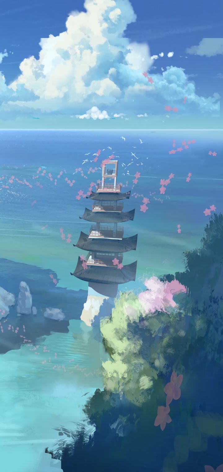 Download mobile wallpaper Anime, Water, Sky, Sea, Ocean, Cloud, Original, Castle for free.