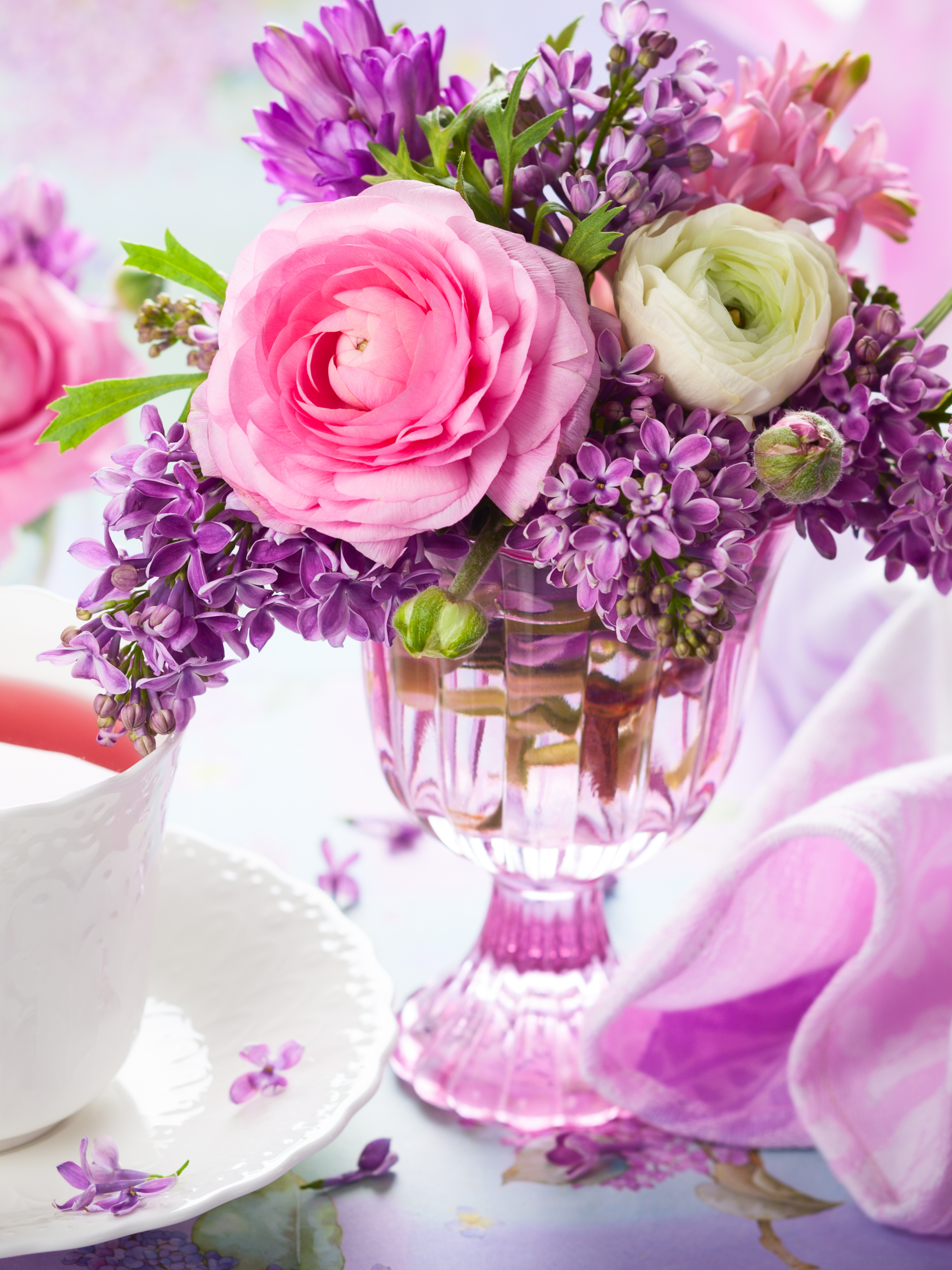 Download mobile wallpaper Lilac, Still Life, Flower, Vase, Photography, Peony, Purple Flower, Pink Flower, Ranuncula for free.