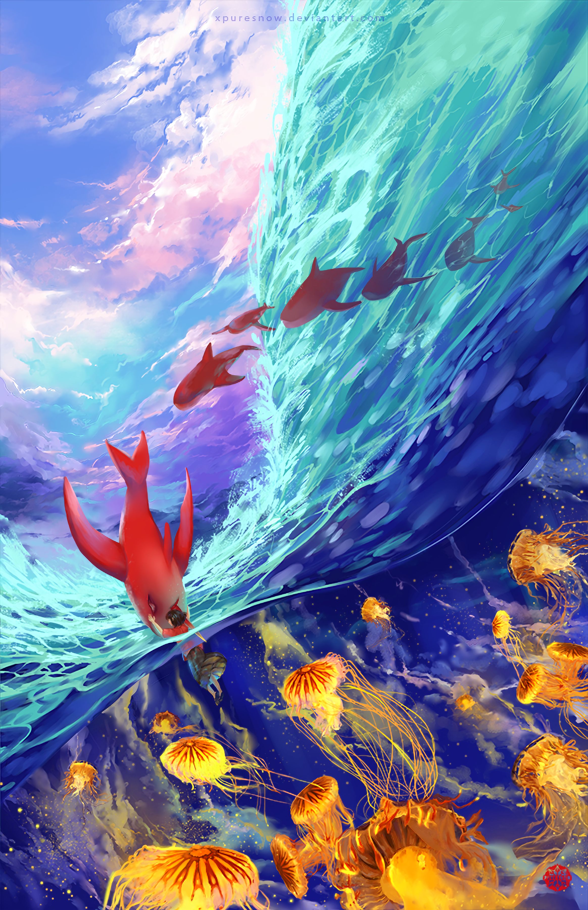 fishes, waves, underwater world, art, jellyfish, ocean for android