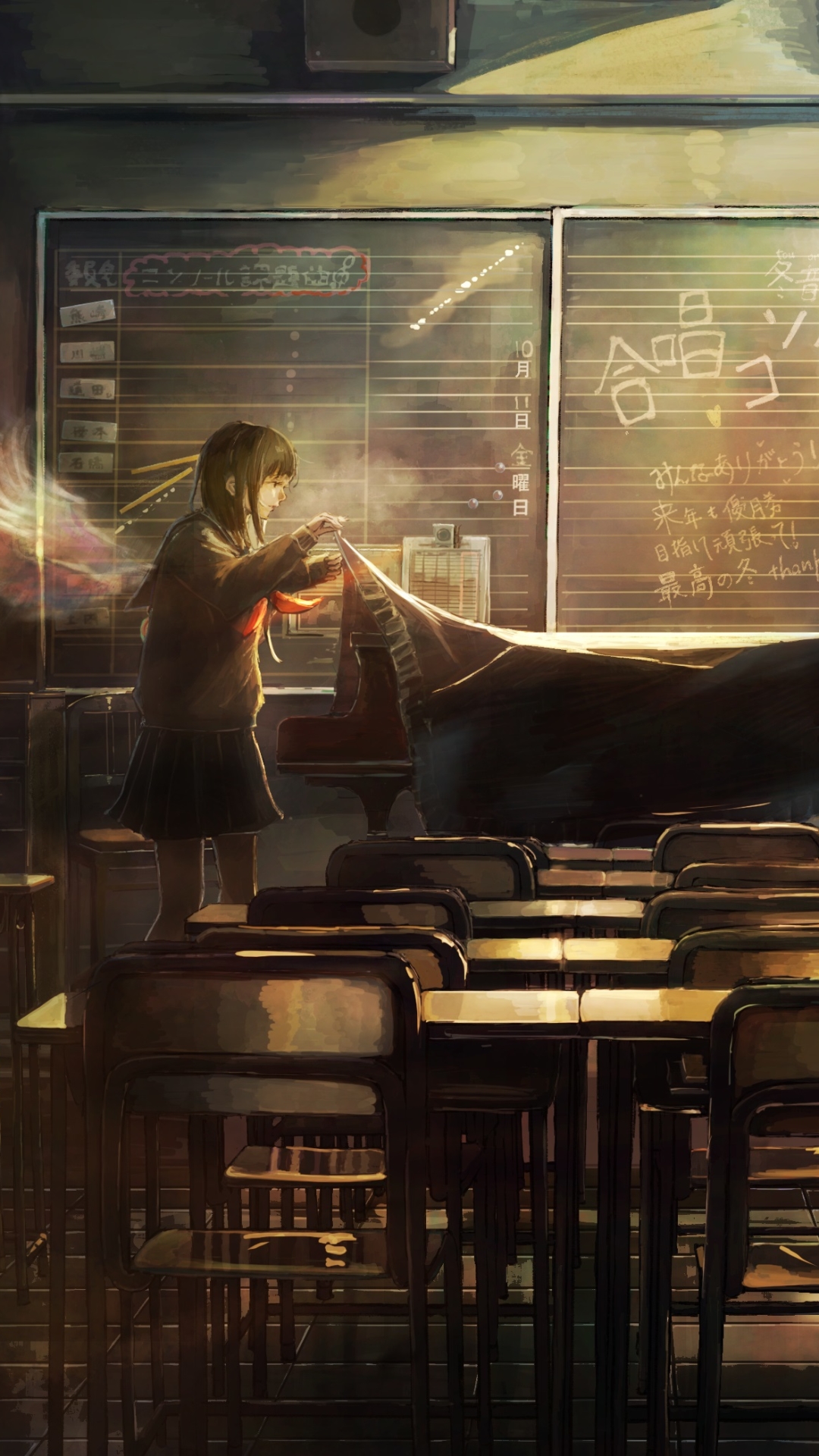 Download mobile wallpaper Anime, Piano, Original, Desk, Classroom for free.