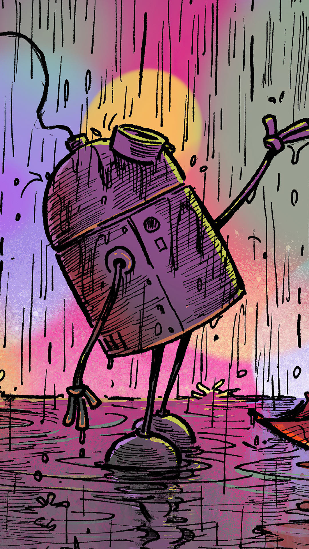 Download mobile wallpaper Rain, Colors, Robot, Sci Fi for free.