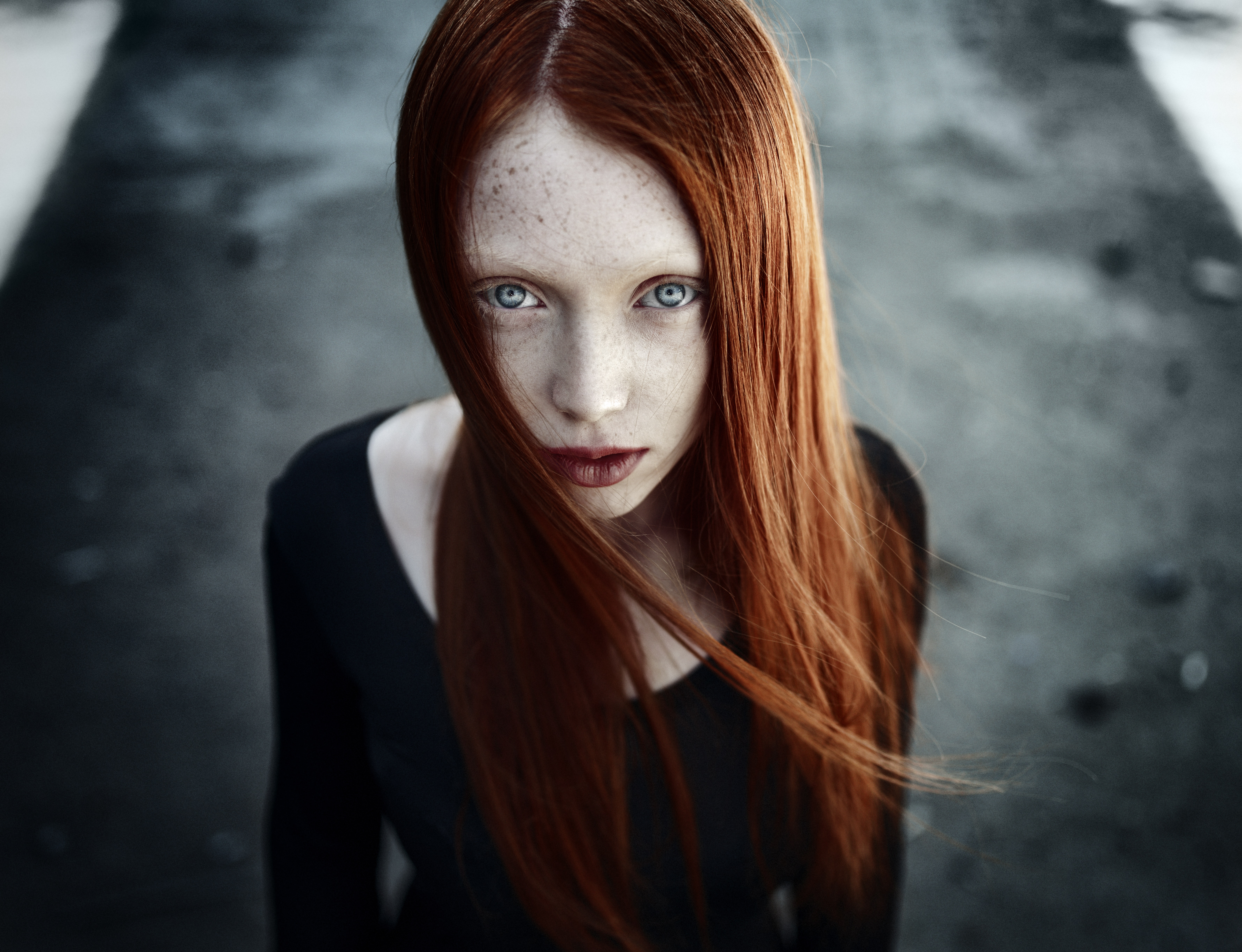 Download mobile wallpaper Redhead, Hair, Face, Model, Women, Blue Eyes, Depth Of Field for free.