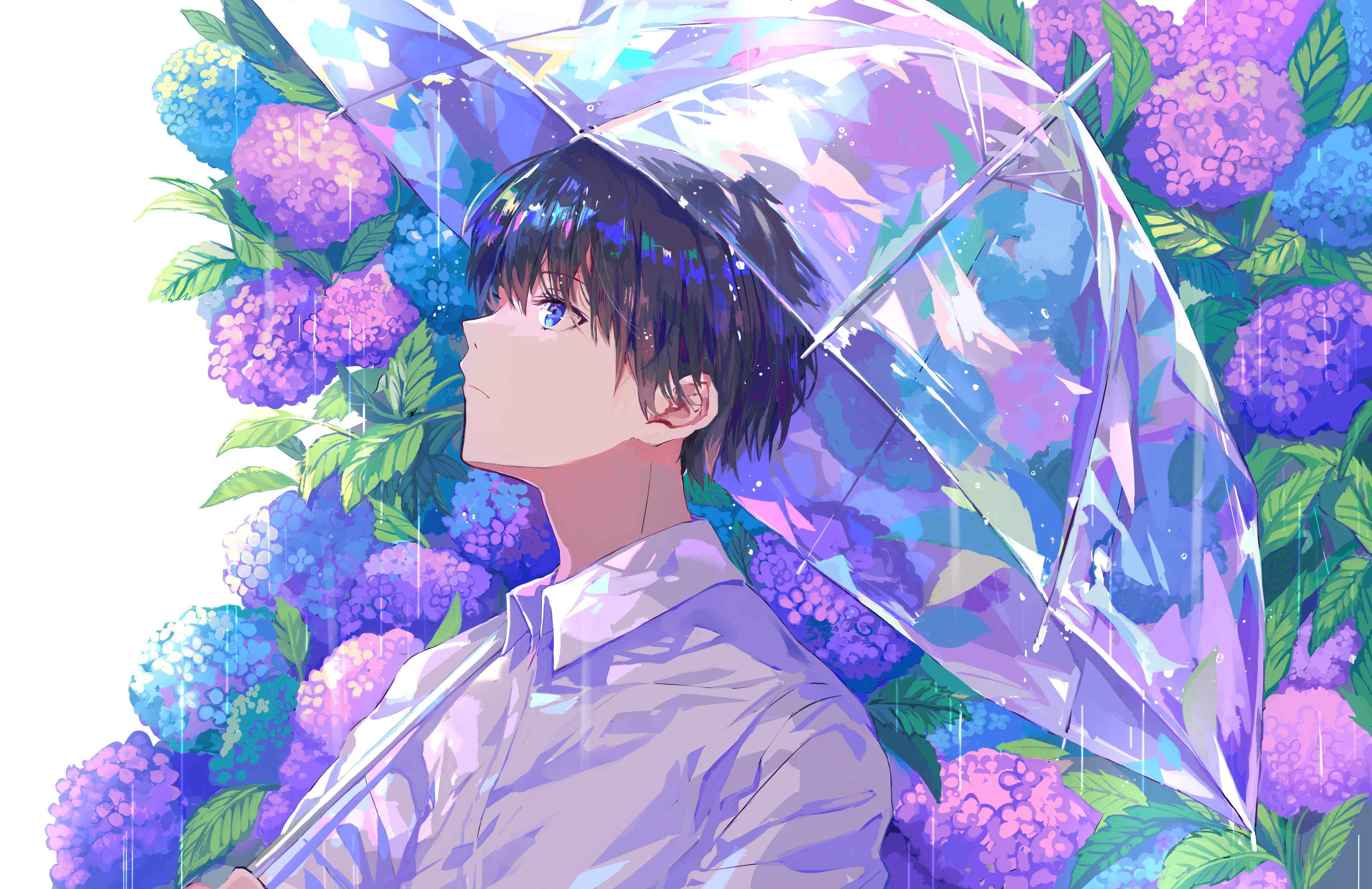 boy, anime, flower, rain, umbrella