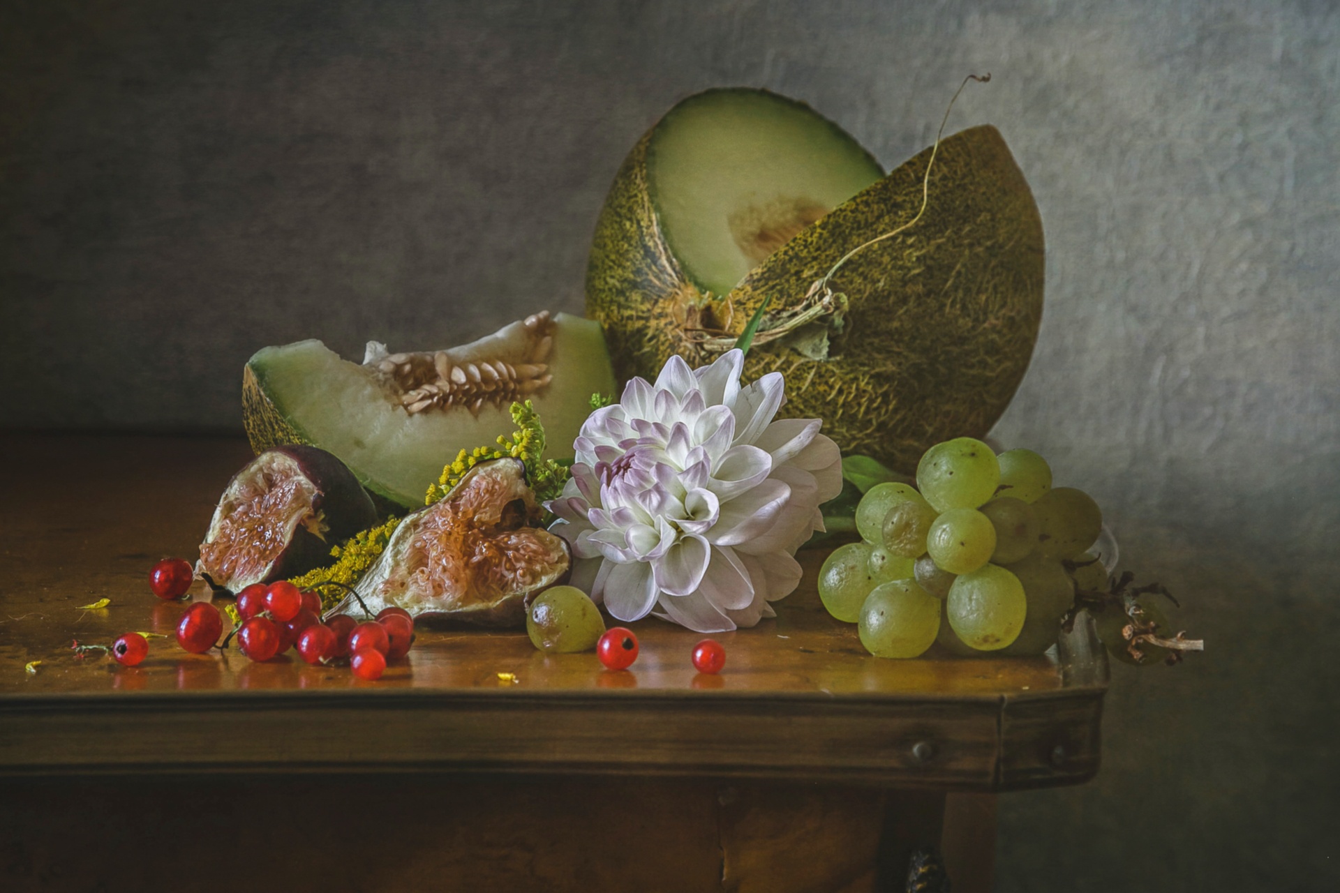 Download mobile wallpaper Food, Grapes, Still Life, Fruit, Fig, Melon, Currants for free.