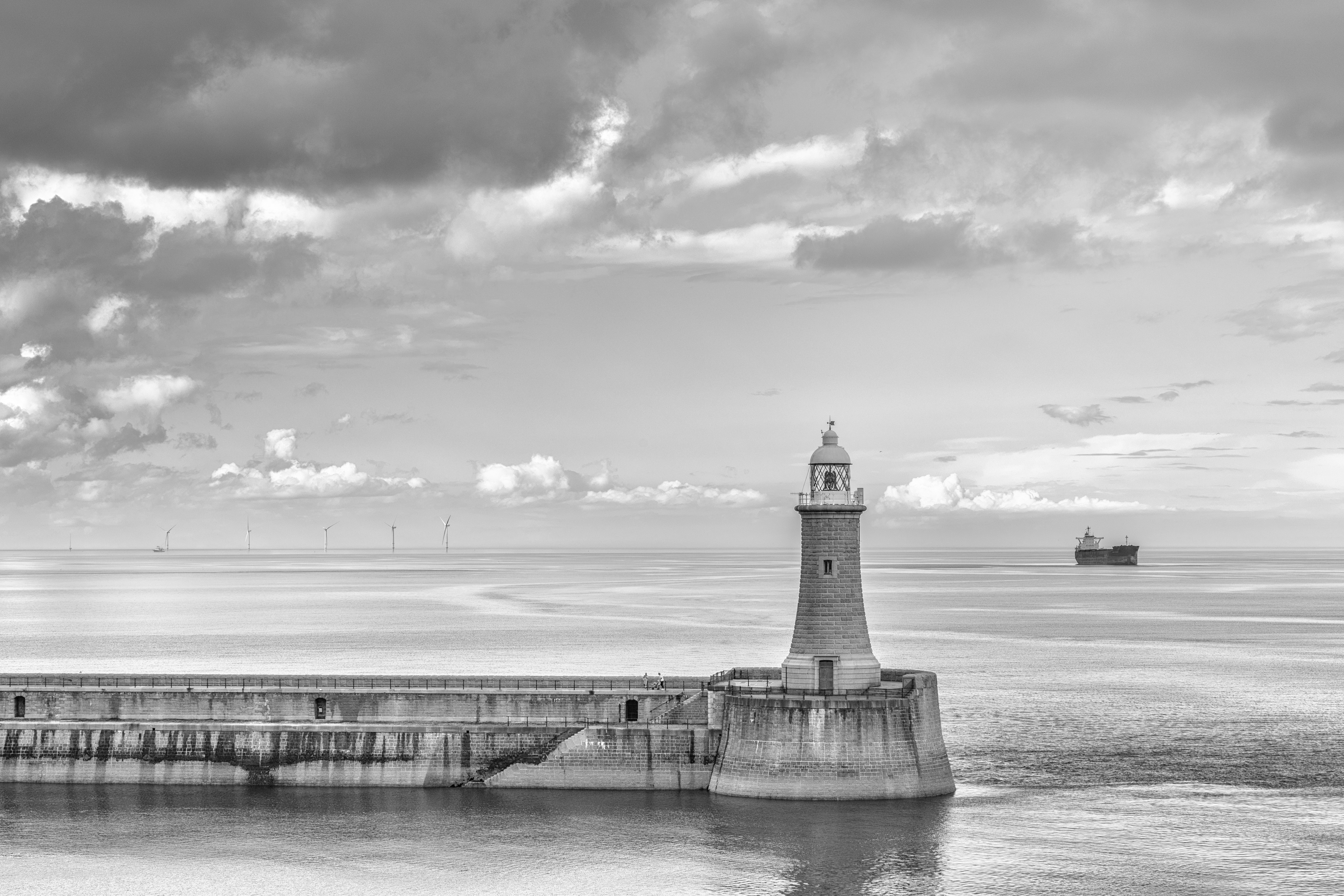 Download mobile wallpaper Sky, Clouds, Chb, Horizon, Sea, Lighthouse, Bw, Nature for free.