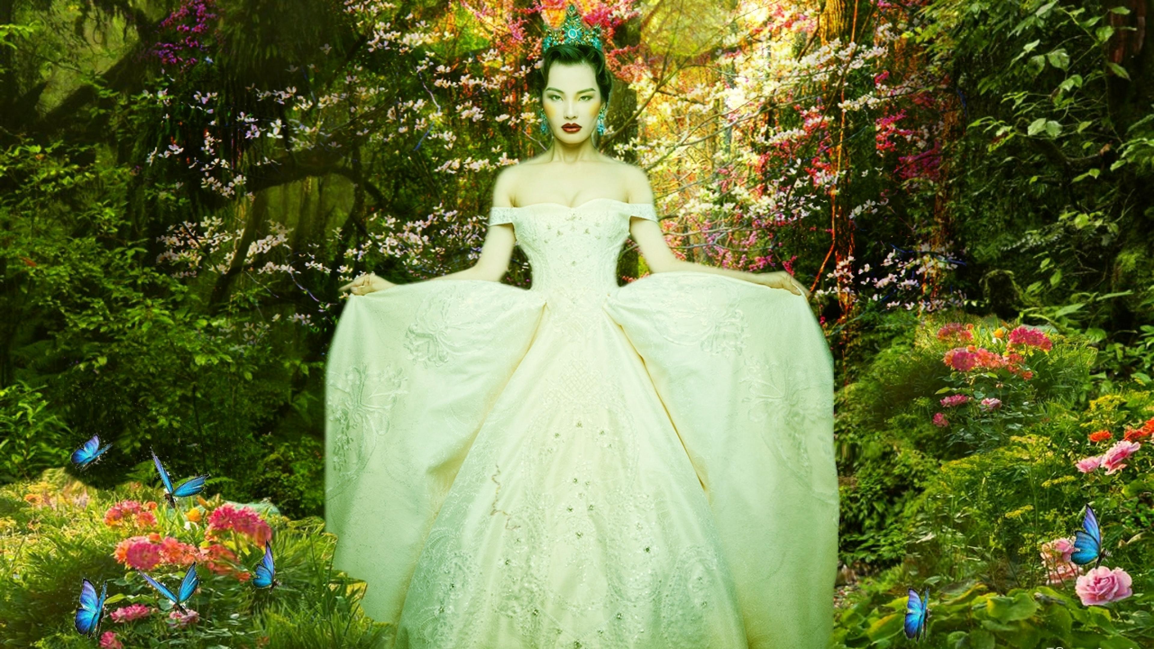 Free download wallpaper Fantasy, Flower, Forest, Crown, Butterfly, Women on your PC desktop