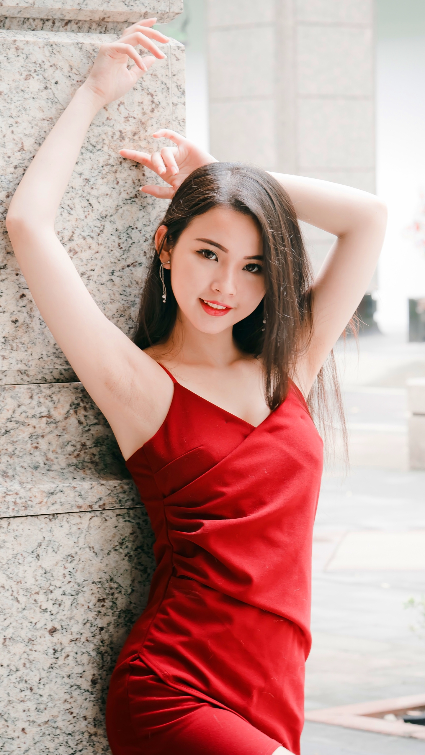 Download mobile wallpaper Brunette, Model, Women, Asian, Red Dress for free.