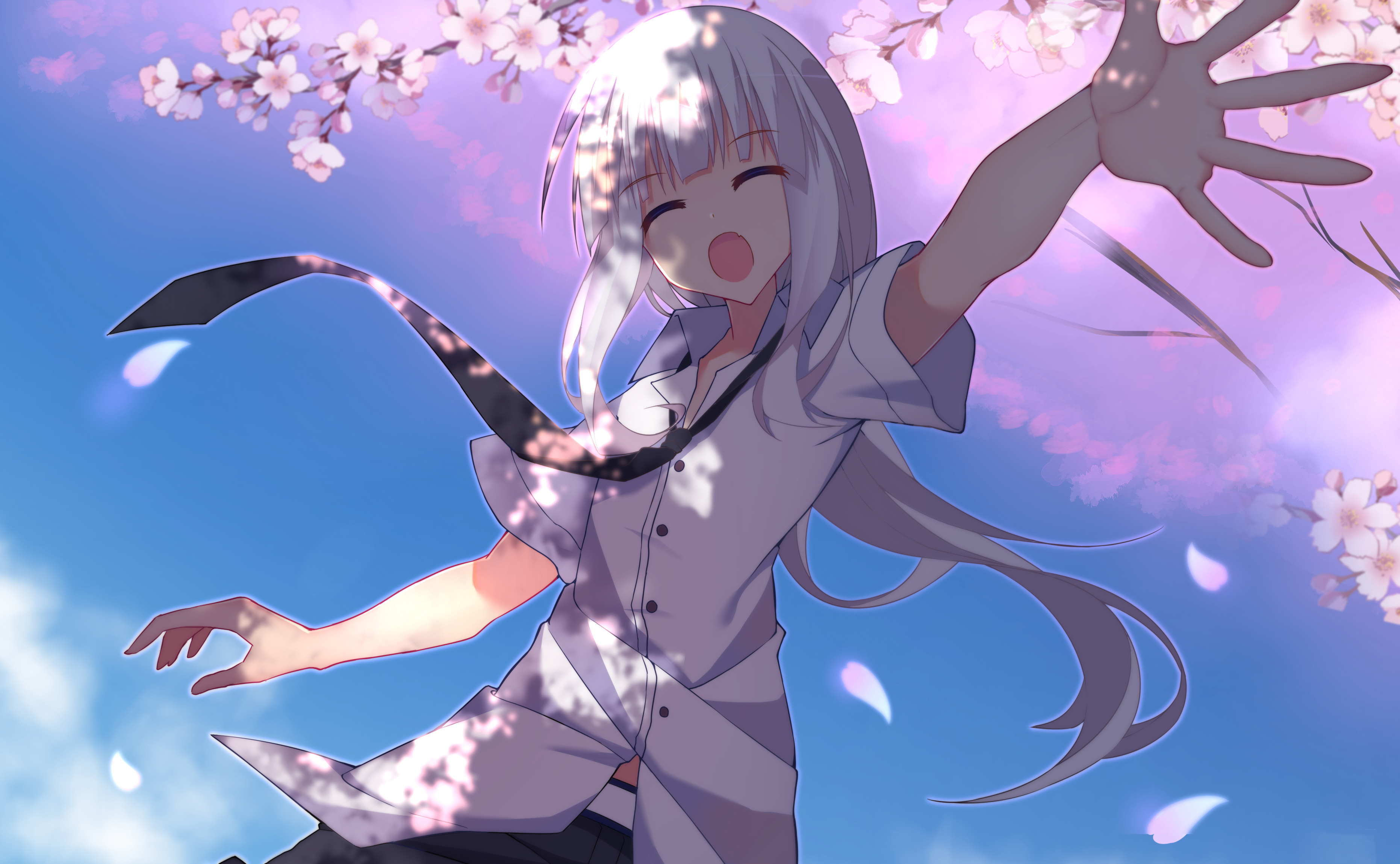 Laden Sie das Original, Kirschblüte, Animes, Weißes Haar-Bild kostenlos auf Ihren PC-Desktop herunter