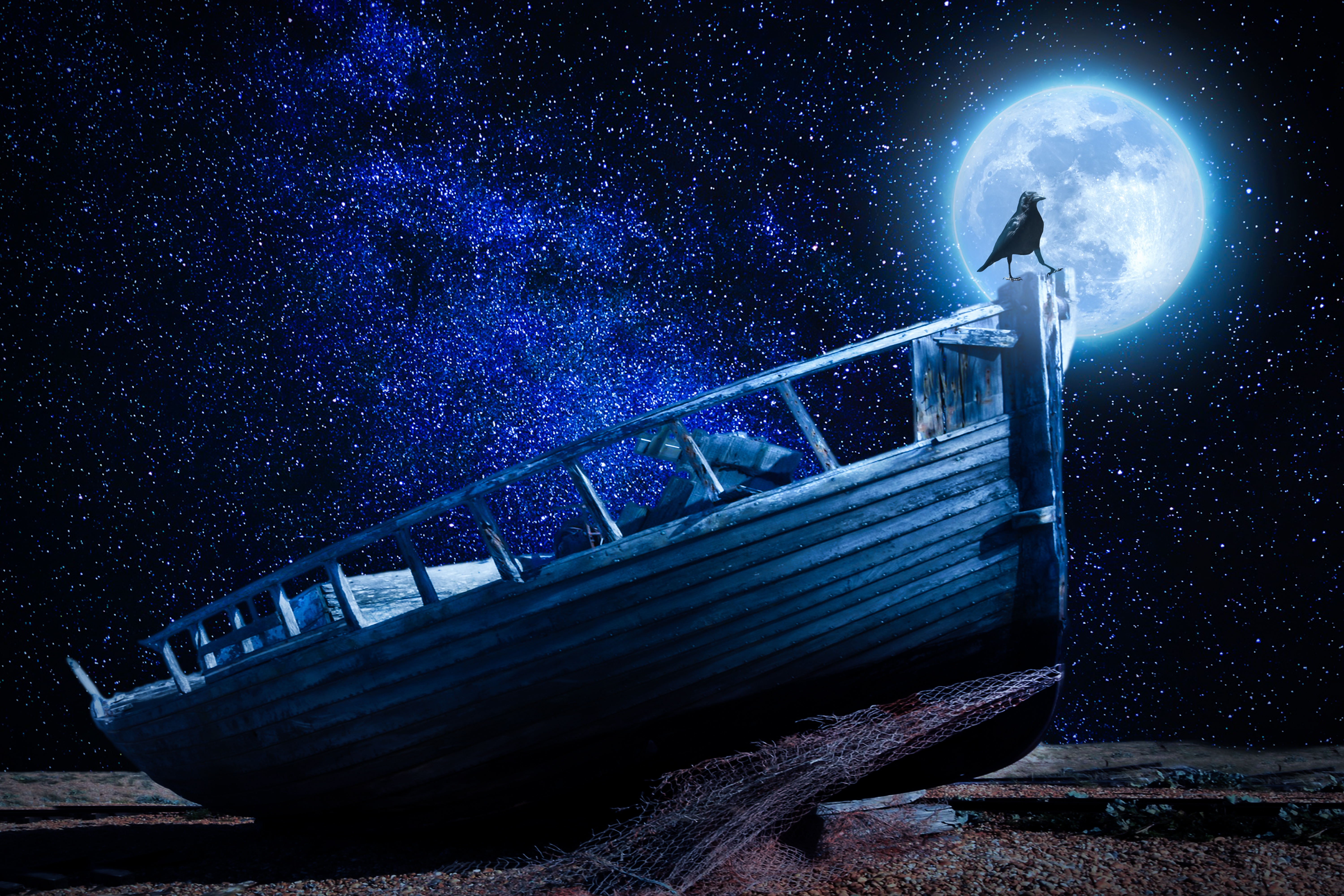 Laden Sie das Kiesel, Ein Boot, Boot, Sternenhimmel, Mond, Dunkel, Rabe-Bild kostenlos auf Ihren PC-Desktop herunter