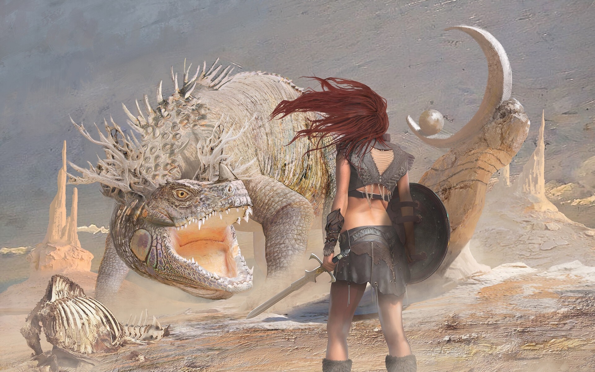 Free download wallpaper Fantasy, Weapon, Creature, Sword, Red Hair, Women Warrior, Woman Warrior on your PC desktop