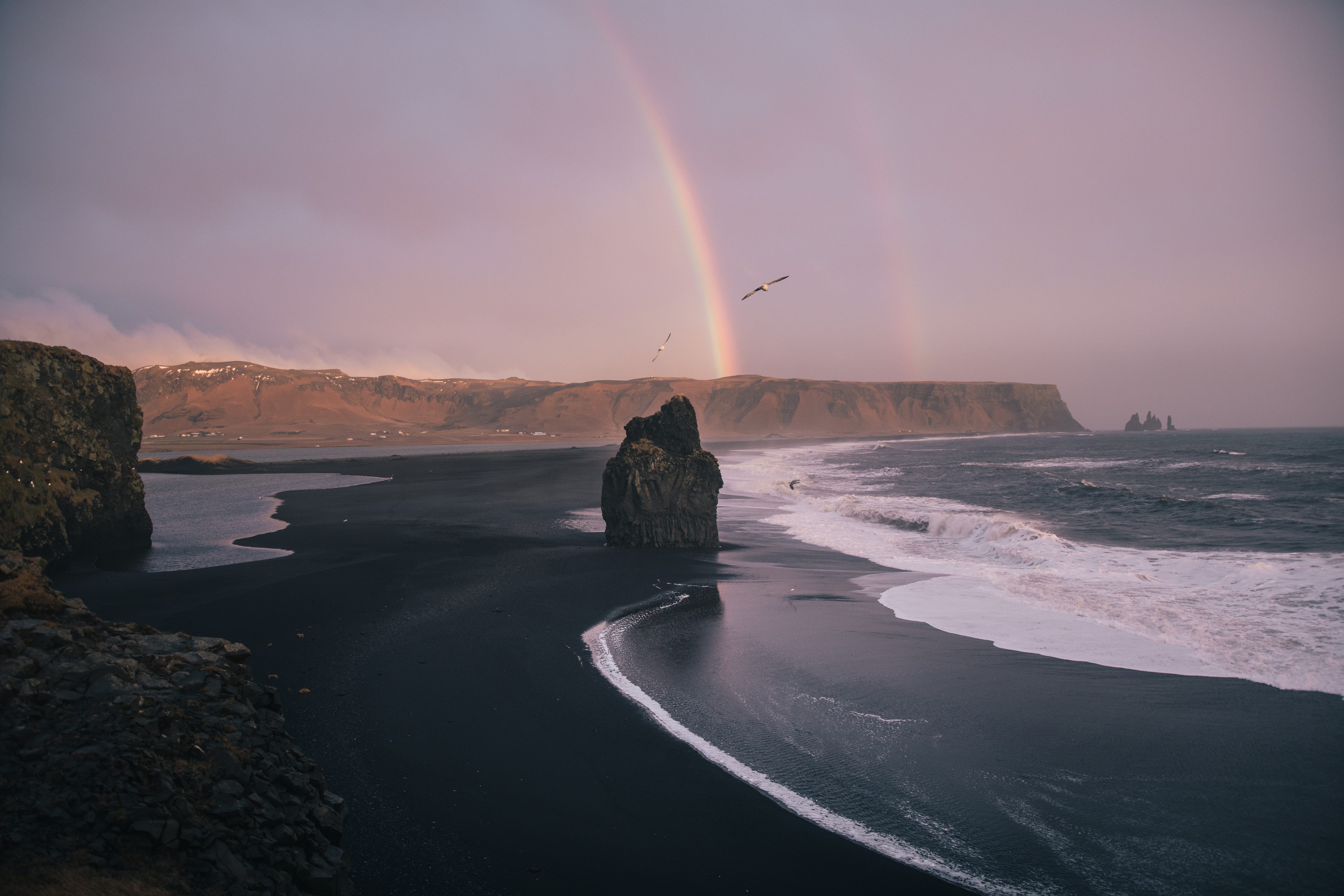 rainbow, nature, sea, waves, beach, rocks
