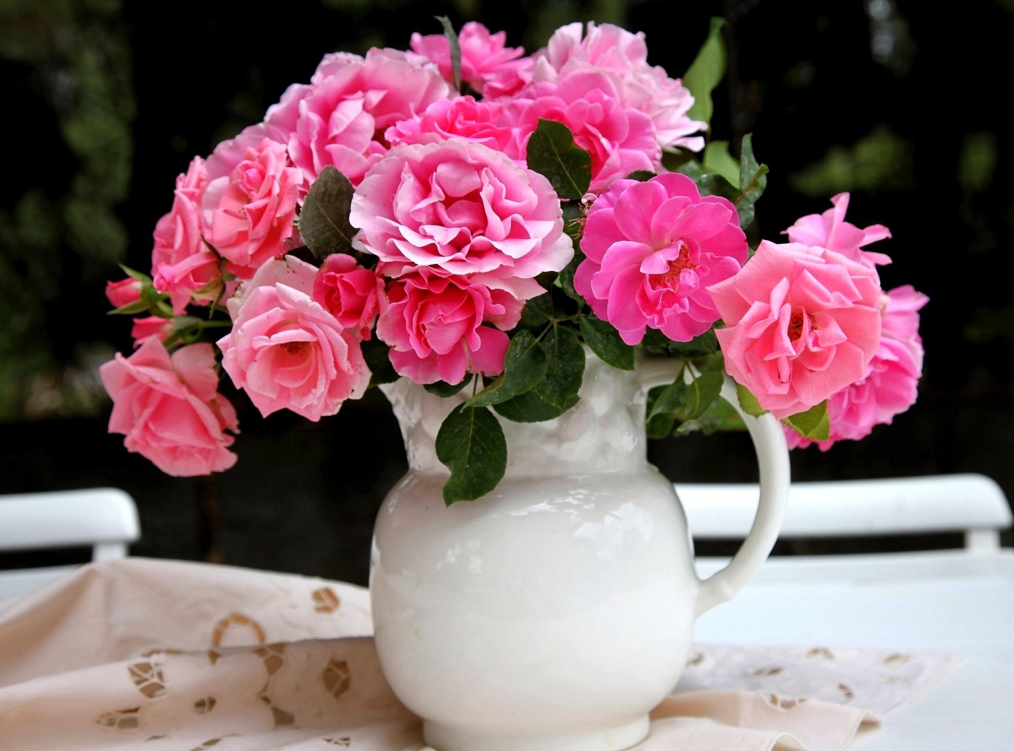 Download mobile wallpaper Table, Bouquet, Jug, Flowers, Roses for free.