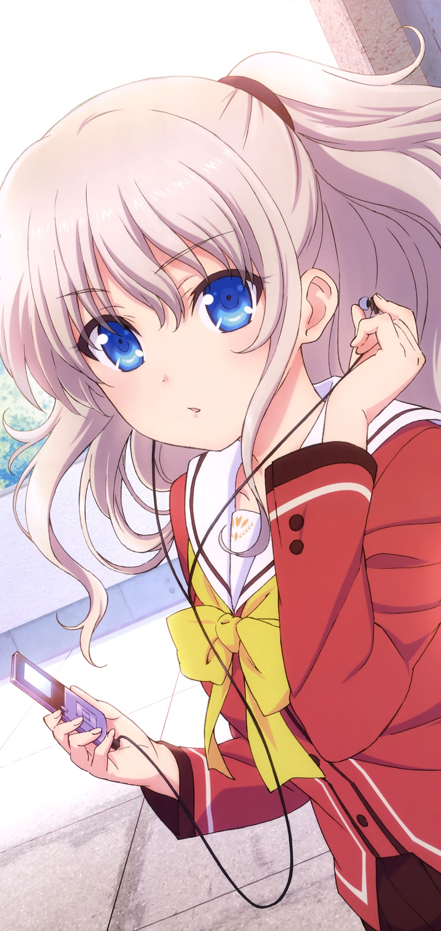 Download mobile wallpaper Anime, Blue Eyes, Charlotte, School Uniform, White Hair, Bow (Clothing), Nao Tomori for free.