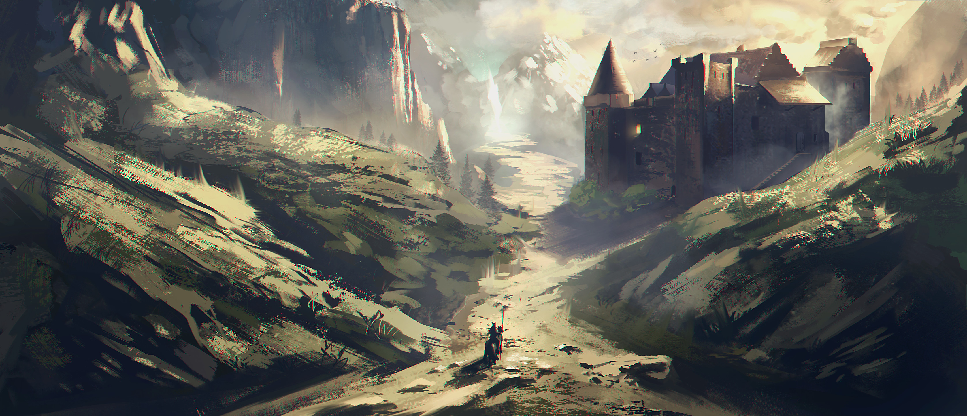 Free download wallpaper Landscape, Fantasy, Castles, Warrior, Castle on your PC desktop