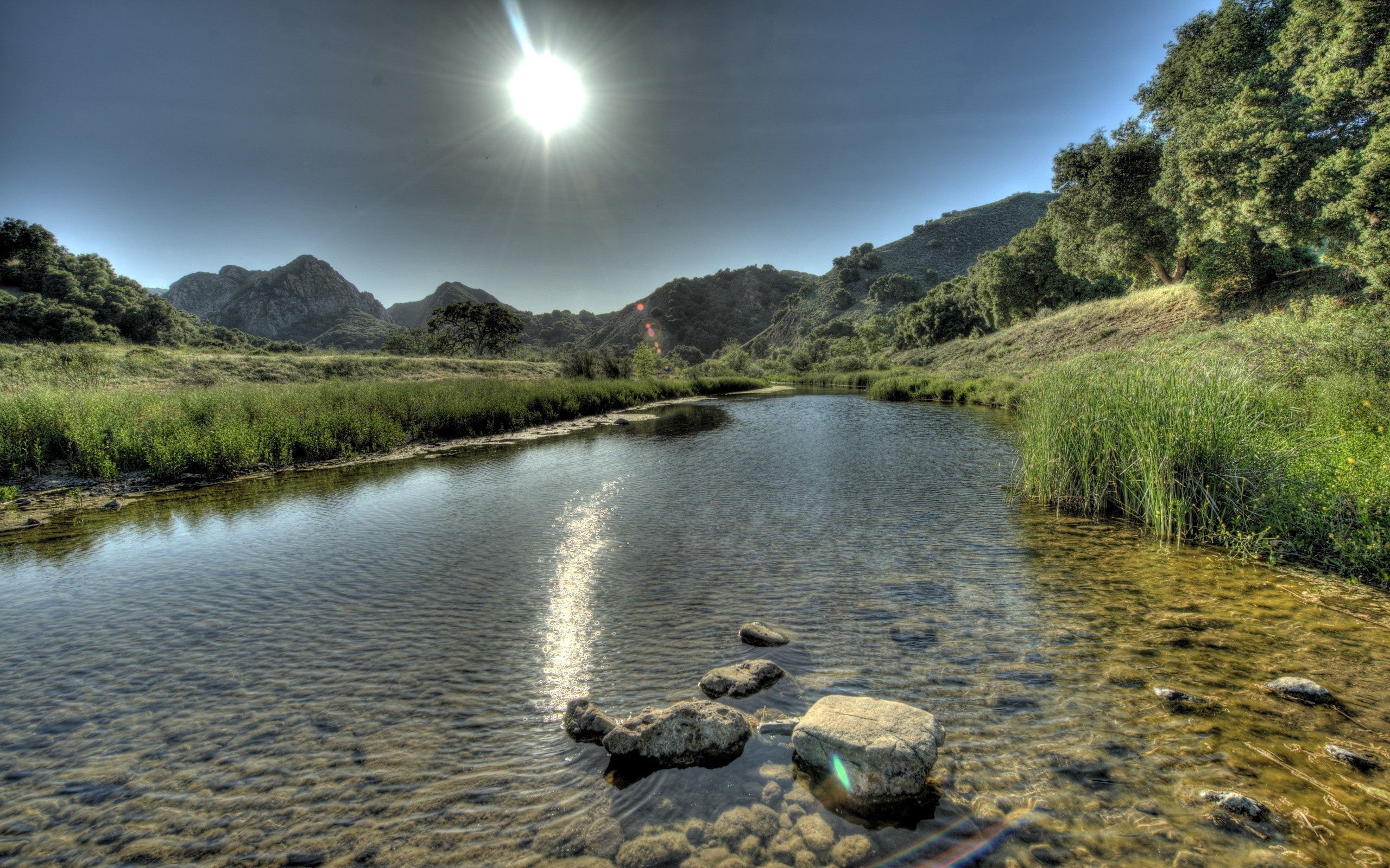 stones, nature, rivers, grass, sky, mountains HD for desktop 1080p