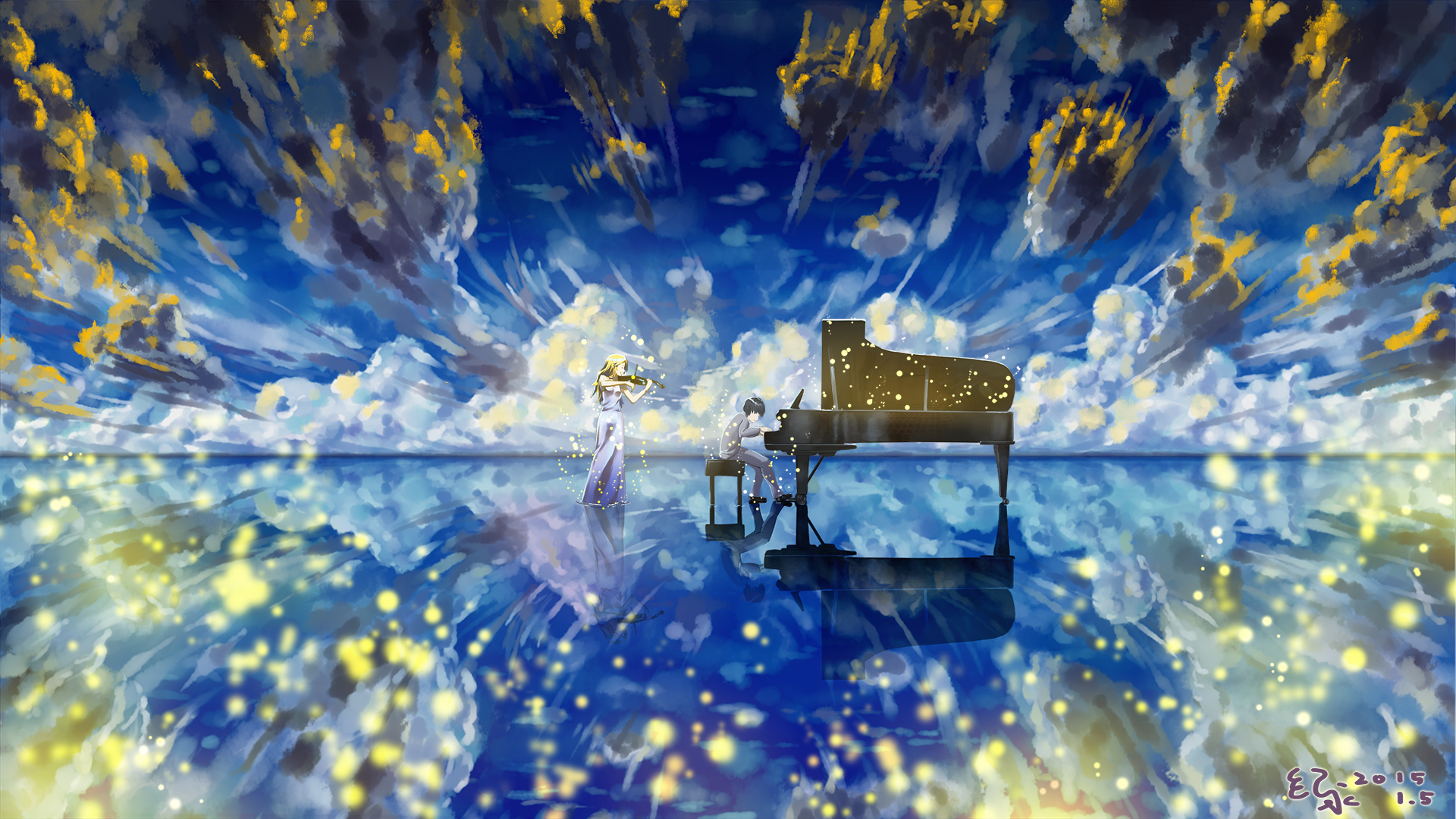 Download mobile wallpaper Anime, Reflection, Ocean, Cloud, Kousei Arima, Kaori Miyazono, Your Lie In April for free.
