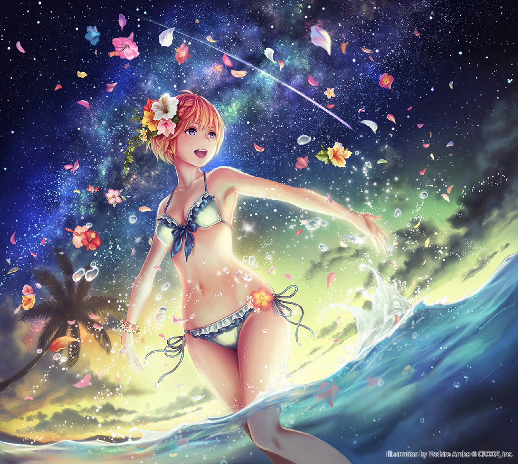 Download mobile wallpaper Anime, Sky, Beach, Flower, Cloud, Original, Bikini for free.