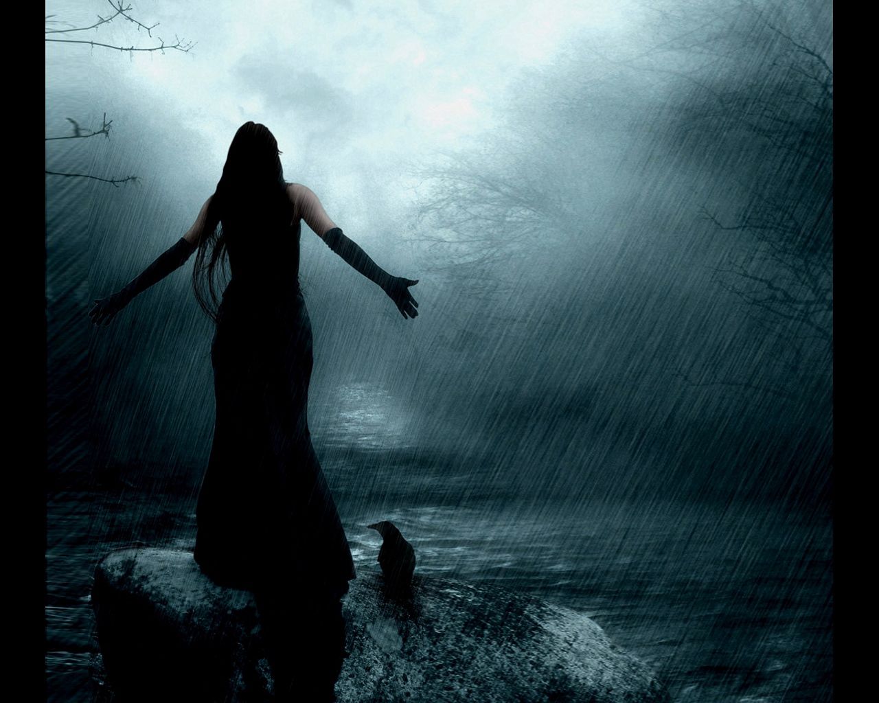 rain, raven, girl, fantasy, darkness Aesthetic wallpaper