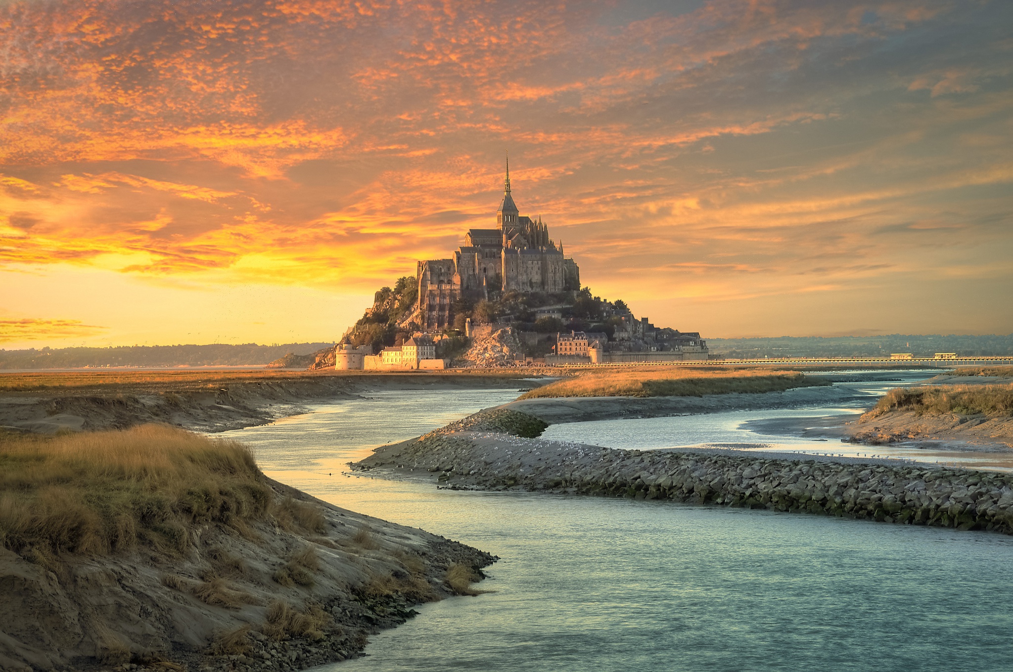Free download wallpaper Sunset, France, Mont Saint Michel, Monastery, Religious on your PC desktop