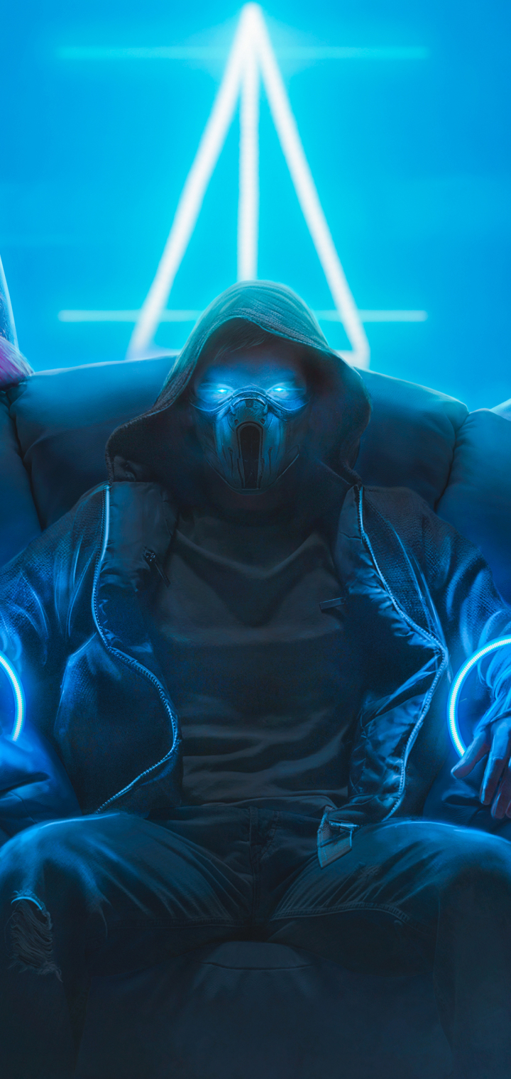 Download mobile wallpaper Cyberpunk, Mask, Sci Fi, Blue Eyes for free.