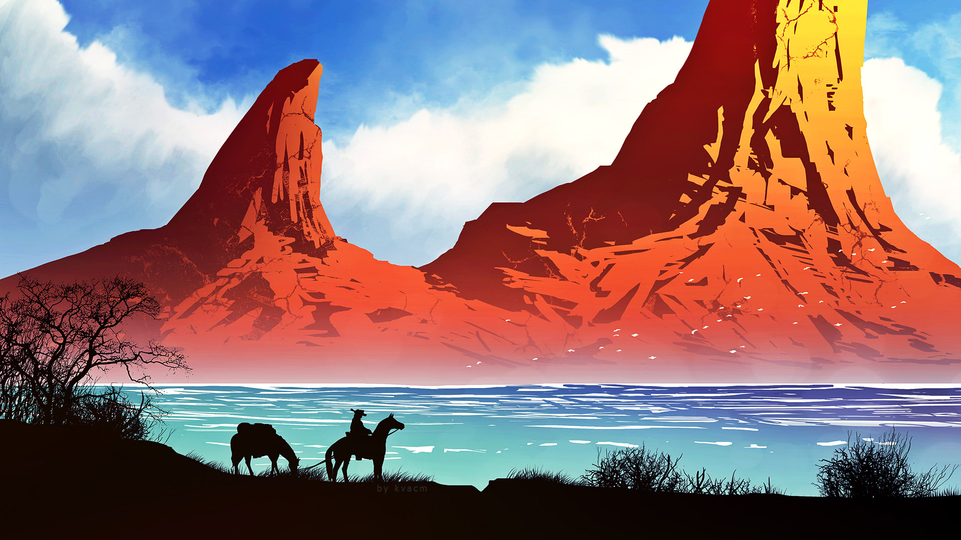 Laden Sie das Landschaft, Fantasie, Gebirge, Cowboy-Bild kostenlos auf Ihren PC-Desktop herunter