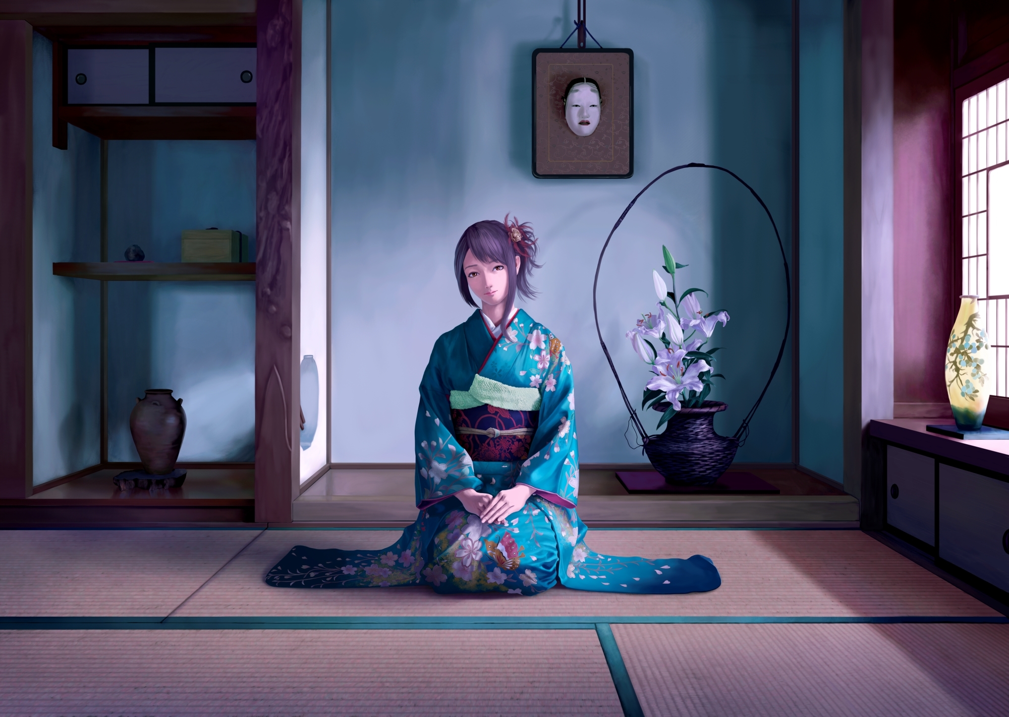 666995 descargar fondo de pantalla animado, geisha, kimono, lirio, habitación: protectores de pantalla e imágenes gratis