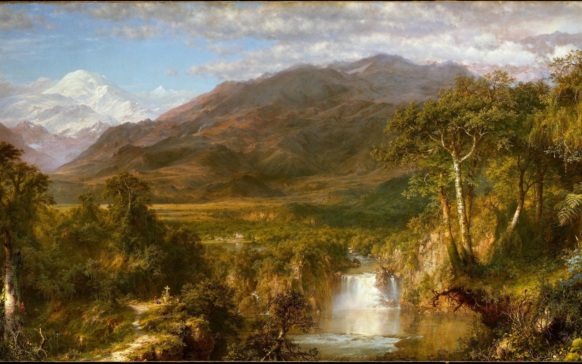 Laden Sie das Landschaft, Wasserfall, Wald, Gebirge, Malerei, Wolke, Szene, Himmel, Künstlerisch-Bild kostenlos auf Ihren PC-Desktop herunter