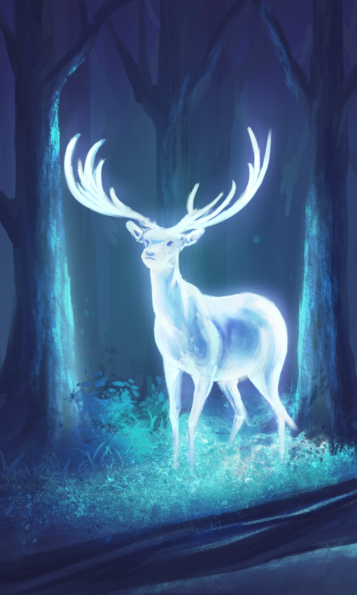 Download mobile wallpaper Fantasy, Night, Forest, Deer, Fantasy Animals for free.