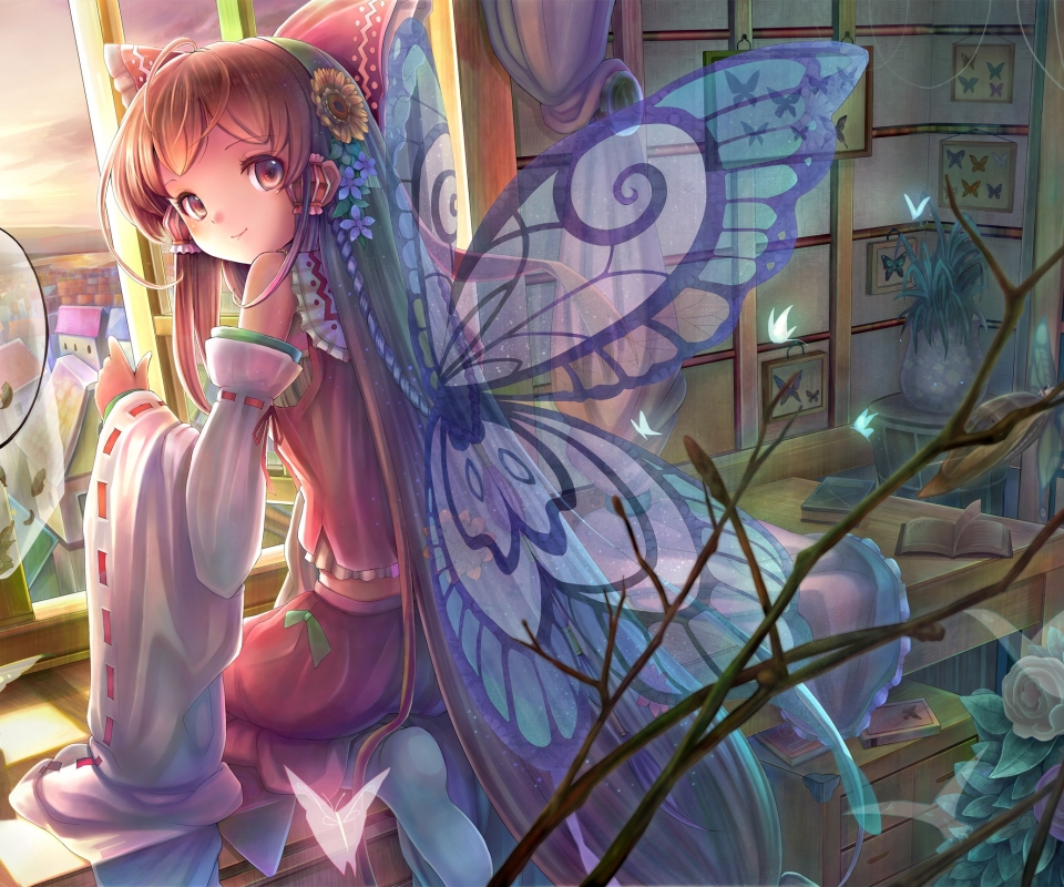 Download mobile wallpaper Anime, Flower, Butterfly, Room, Wings, Book, Touhou, Reimu Hakurei for free.