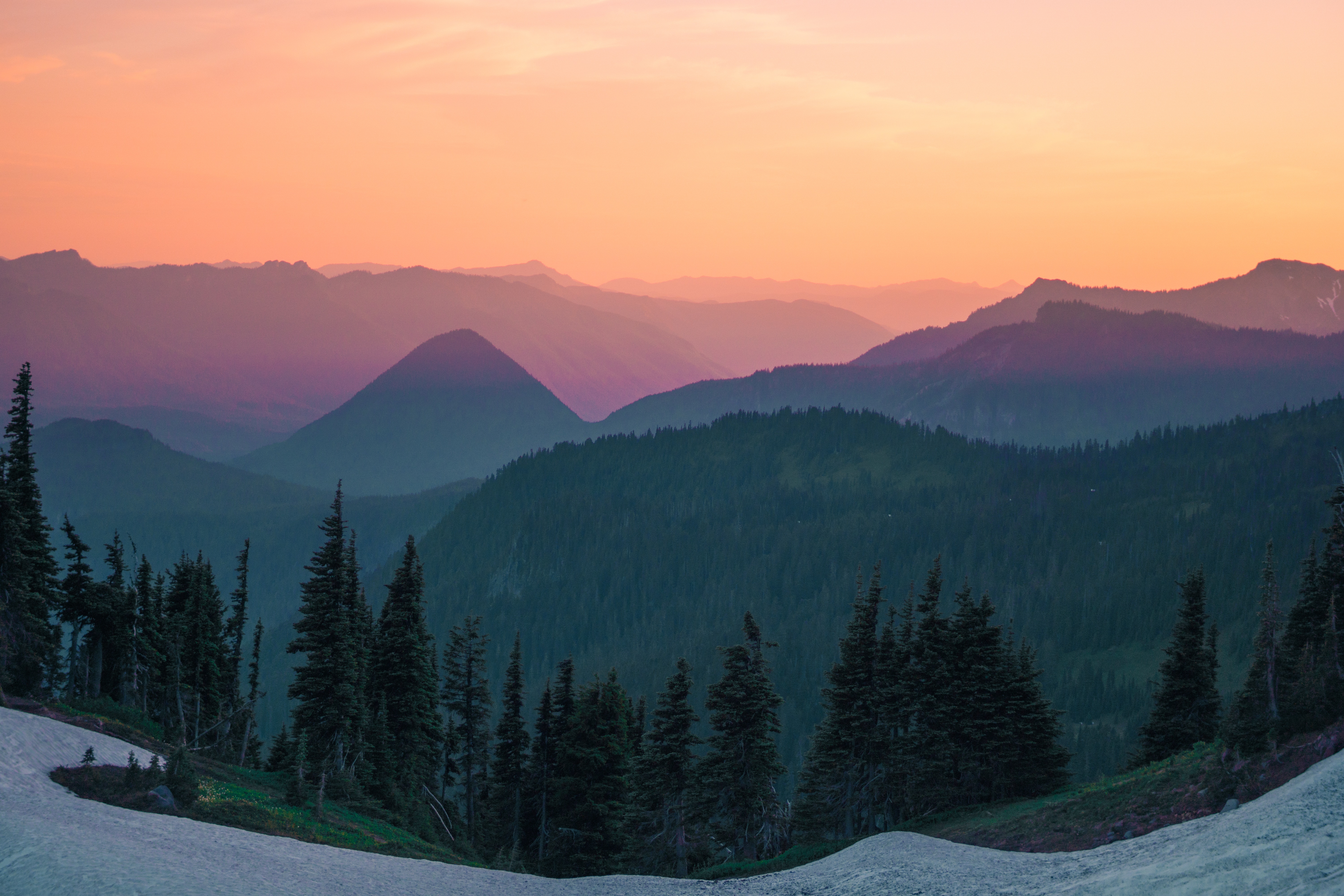 無料モバイル壁紙山脈, 木, 上から見る, 自然, 日没, スカイをダウンロードします。
