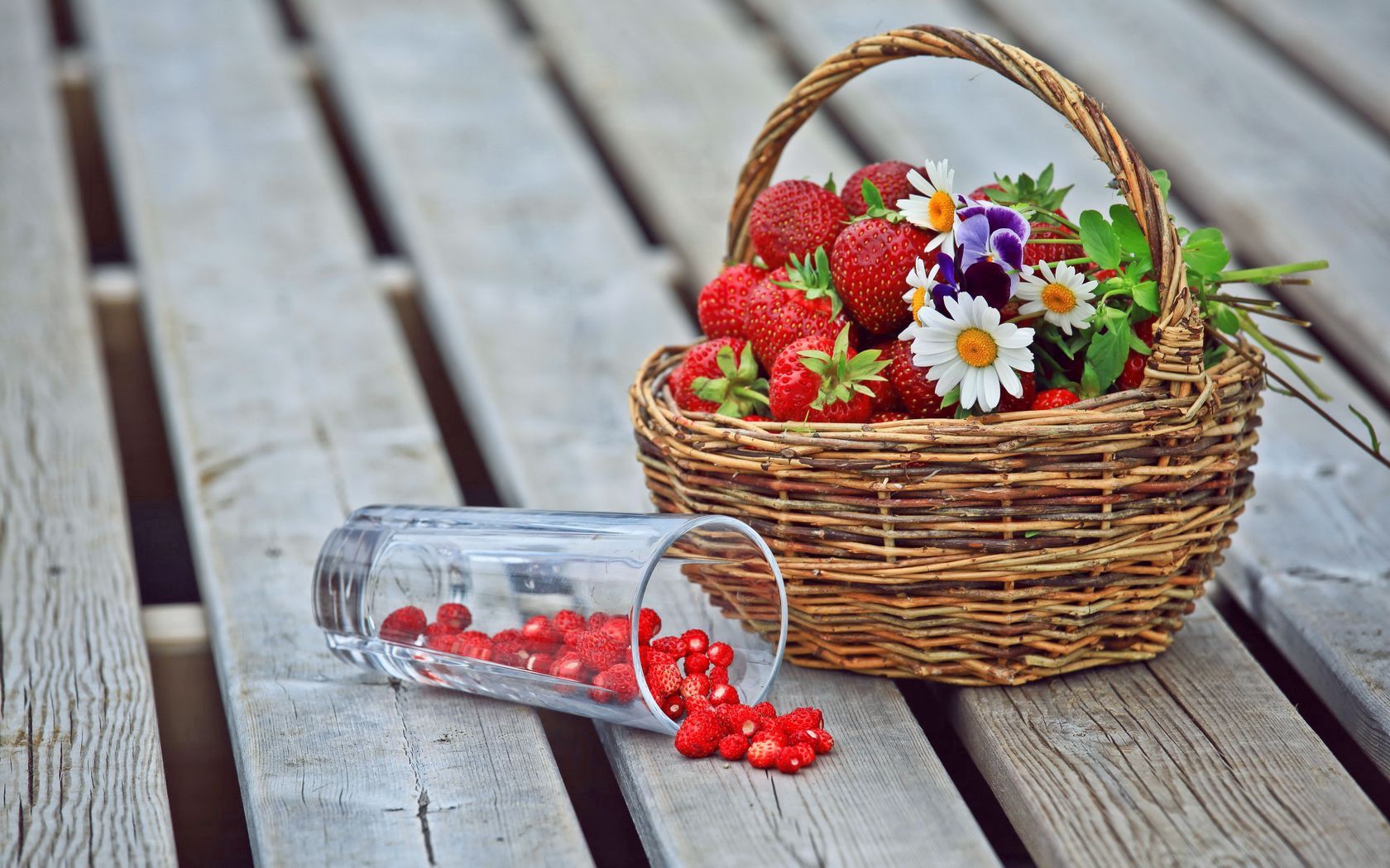 strawberry, camomile, flowers, food, pansies, berries, glass, basket, wild strawberries